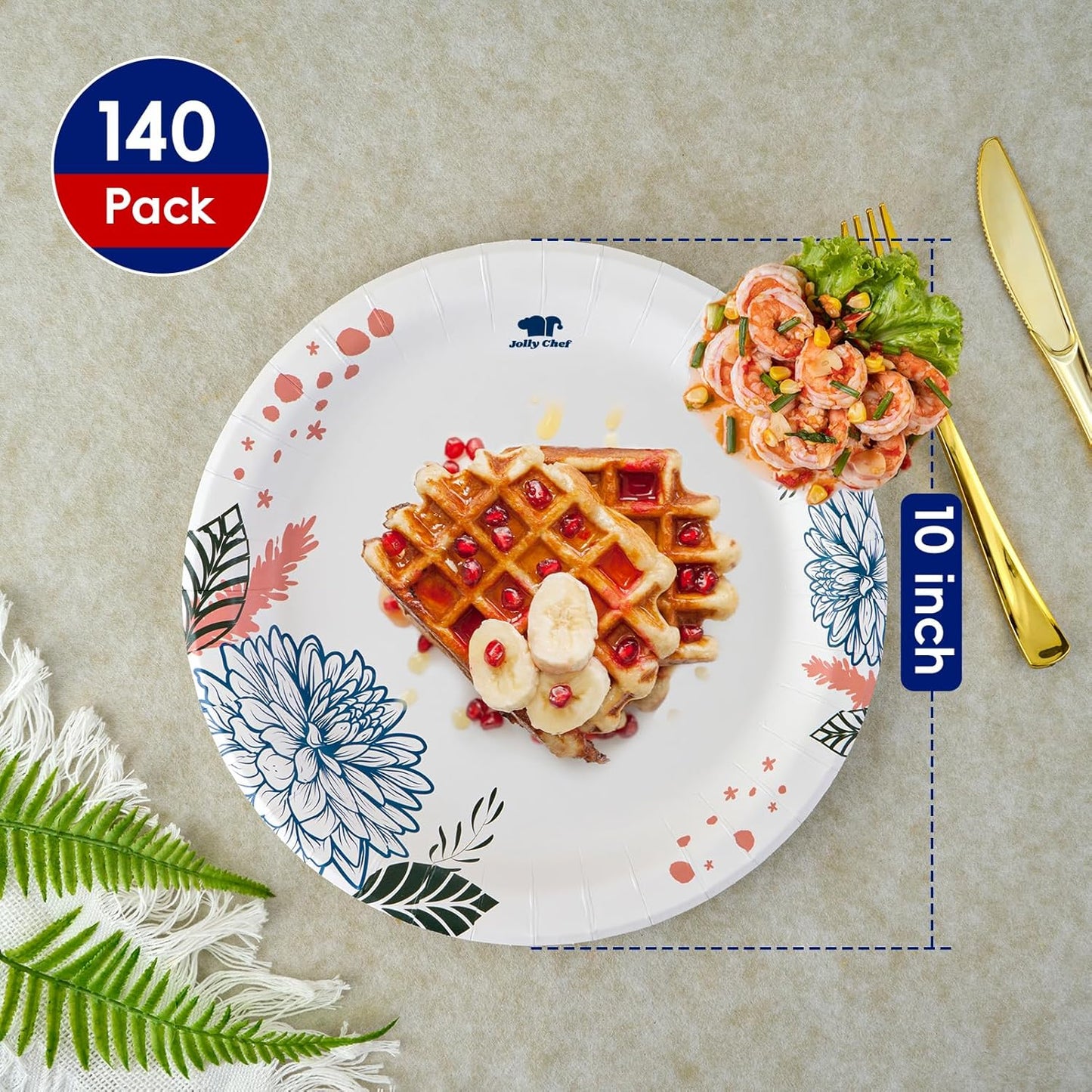 JOLLY CHEF 𝟭𝟰𝟬 𝗖𝗼𝘂𝗻𝘁 𝗣𝗮𝗽𝗲𝗿 𝗣𝗹𝗮𝘁𝗲𝘀 𝟭𝟬 𝗶𝗻𝗰𝗵 Soak Proof, Cut Proof, Heavy Duty Flower Printed Disposable Paper Plates for Everyday Use