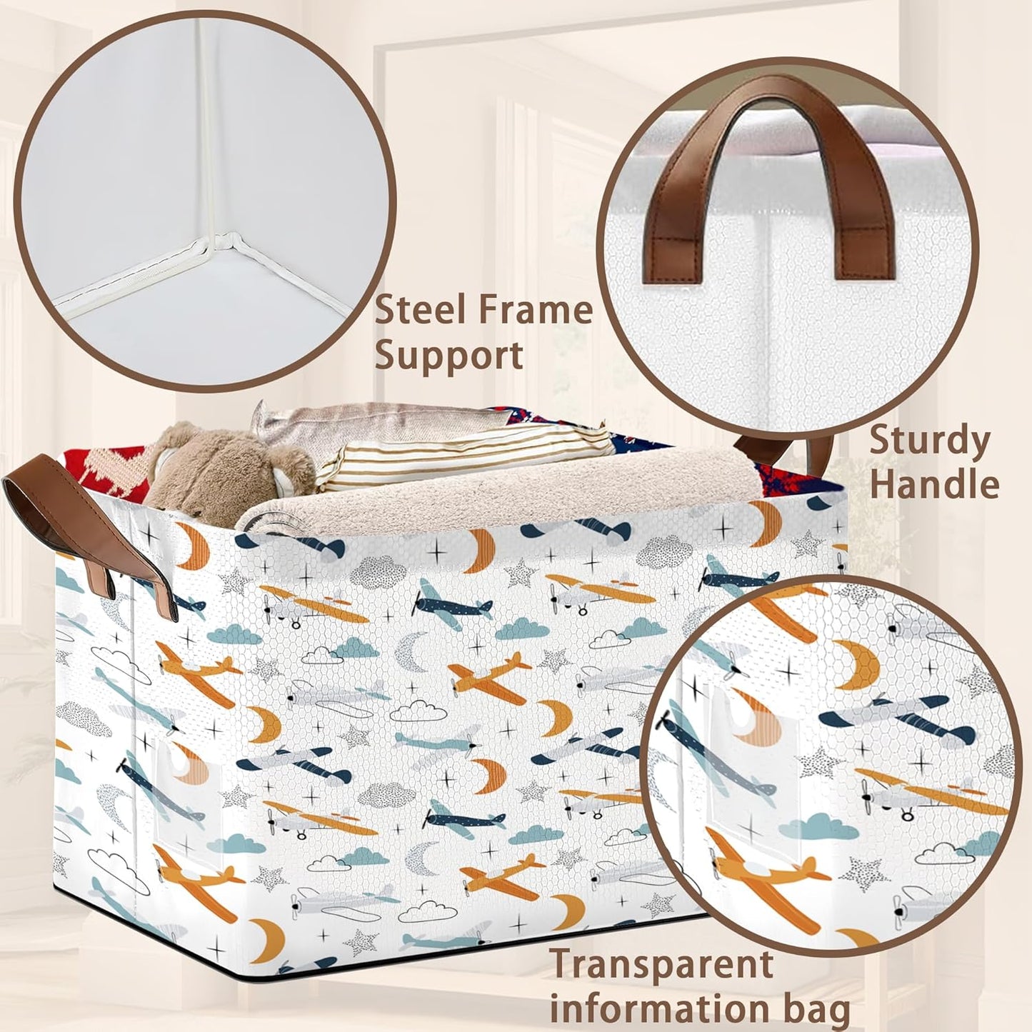 Aviation Themed Storage Basket Large 17x11.5x10.5 Inche-Collapsible Fabric Organizer Bin with Handles for Boys Room, Travel Decor, Toys-Decorative Hamper with Colorful Airplane Silhouettes-Single Pack