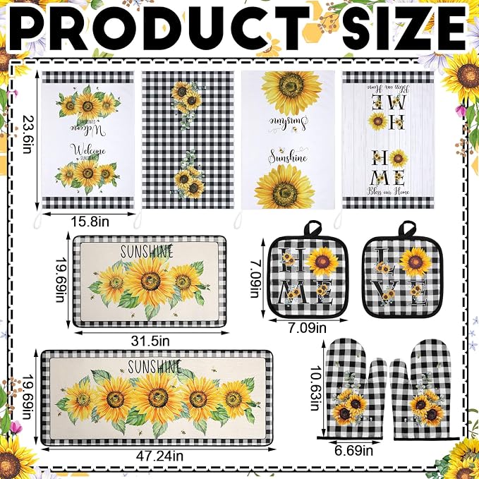 Fourluoo 10 Pcs Sunflower Kitchen Decor 4 Black and White Buffalo Plaid Dish - Image 3