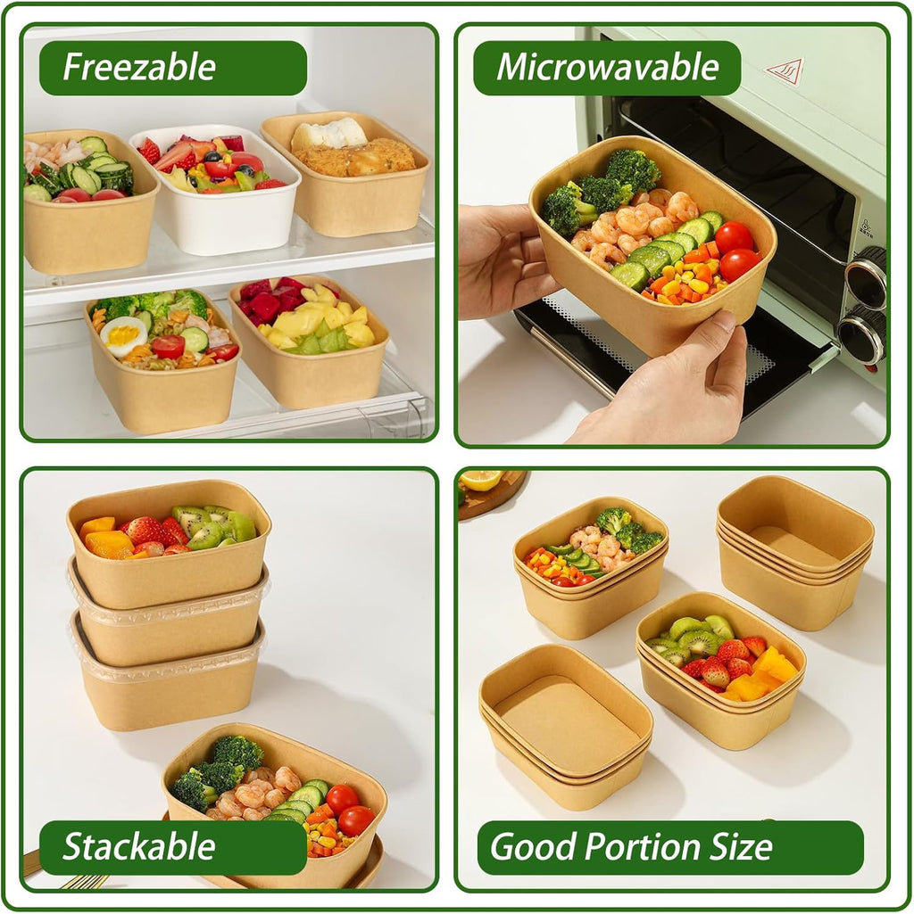 DI QIU REN 50-Pack 22oz Paper Bowls, Disposable Food Containers with Lids and Forks, Rectangular Disposable Salad Bowls for Diet Salad, Pasta (kraft Paper Rectangular, 22oz 50 Count)