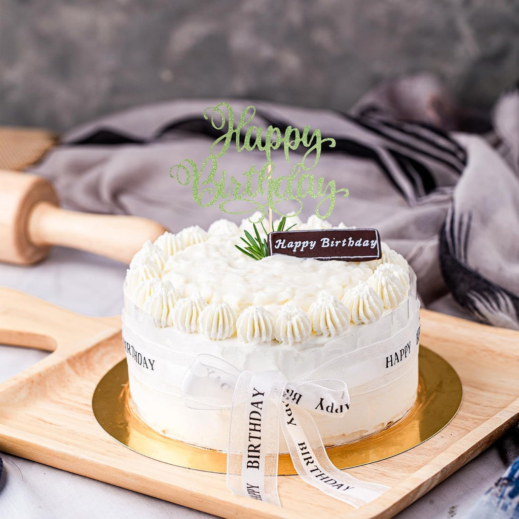 Happy Birthday Cake Toppers 9 Inch Glitter Happy Birthday Cake Pick for Birthday Anniversary Theme Party Cake Decorations Supplies - Olive Green