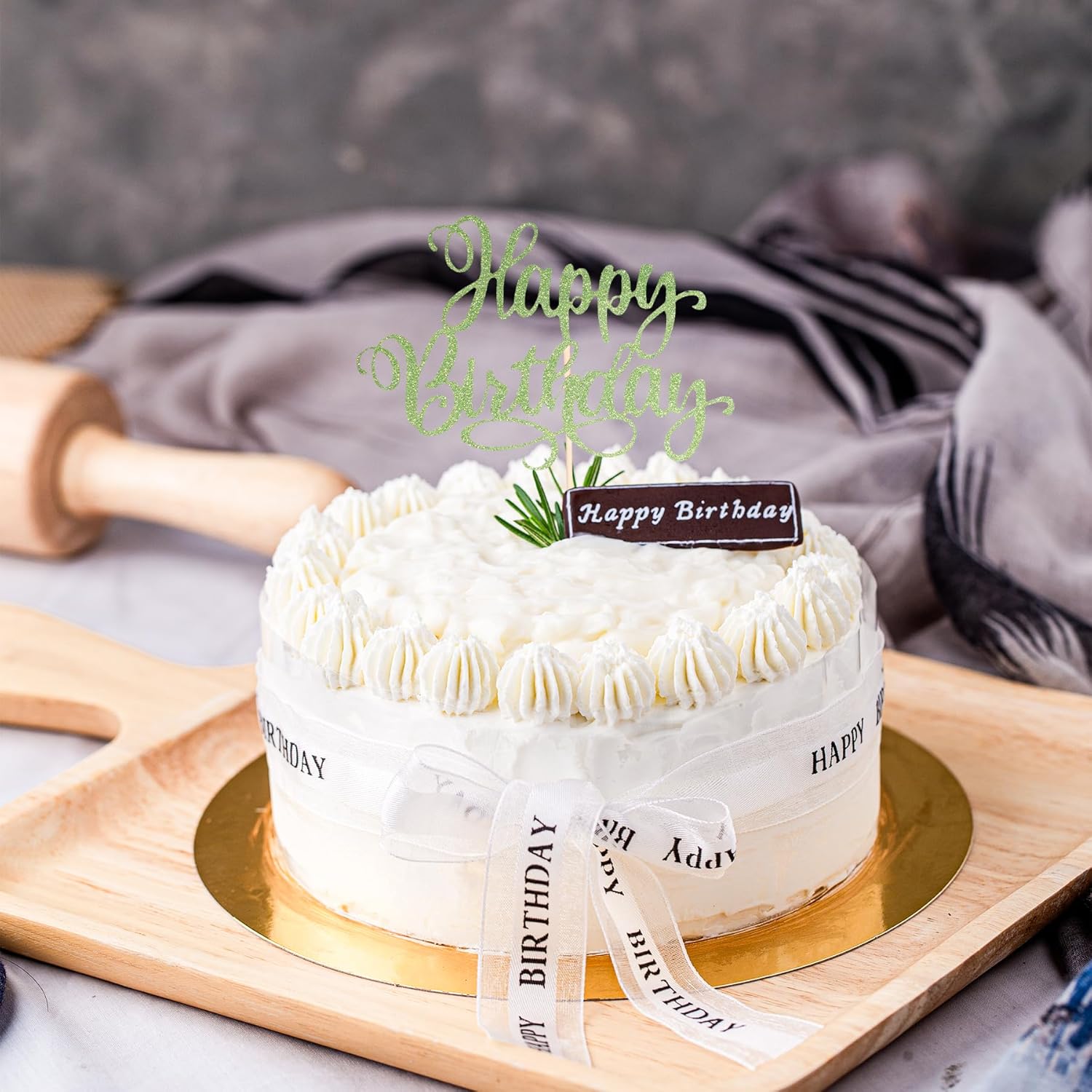 Happy Birthday Cake Toppers 9 Inch Glitter Happy Birthday Cake Pick for Birthday Anniversary Theme Party Cake Decorations Supplies - Olive Green