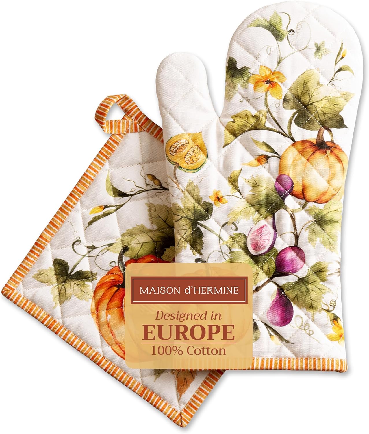 Maison d' Hermine 100% Cotton Oven Mitt & Pot Holder Set (7.5"x13" & 8"x8") Heat Resistant BBQ Cooking Gloves with Loop, Baking, Grilling, Kitchen, Handling Hot Pans (Pumpkin Garden - Cloudy Cream)