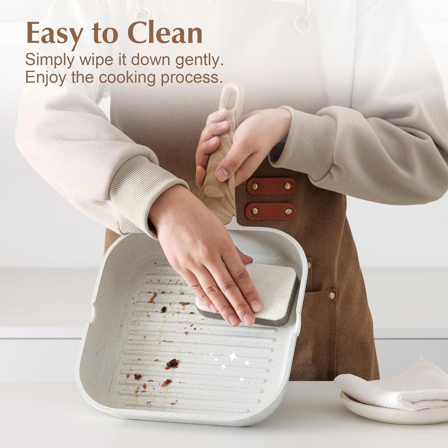 SENSARTE Nonstick Ceramic Grill Pan for Stove Tops, Square Grilling Pan with Pour Spouts, Non Toxic Durable Grill Skillet for All Stoves(Gas,Electric,Induction) PTFE,PFAS,PFOA Free, 12Inch (White)