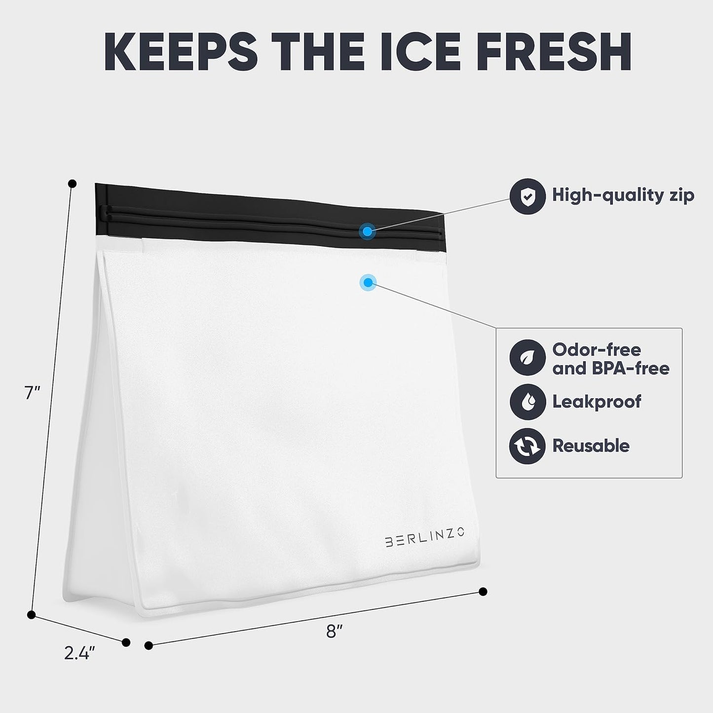 BERLINZO Reusable Ice Storage Bag - Freezer Safe Leak Proof Silicone and Plastic-Free Lunch Bag for Ice and Food Storage - BPA-Free - 2 Pack
