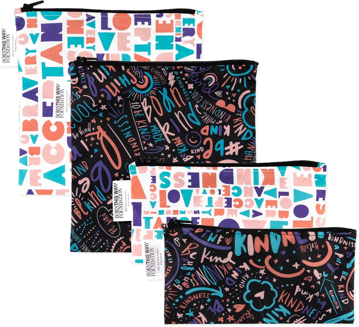 Bumkins - Cloth Snack & Sandwich Bags - For Storage, Travel, Food Prep, Lunch - Reusable, Water Resistant, Washable, Dishwasher Safe - Snack Bags for Kids - Zipper Closure - BTWF Kindness - 4 Pack