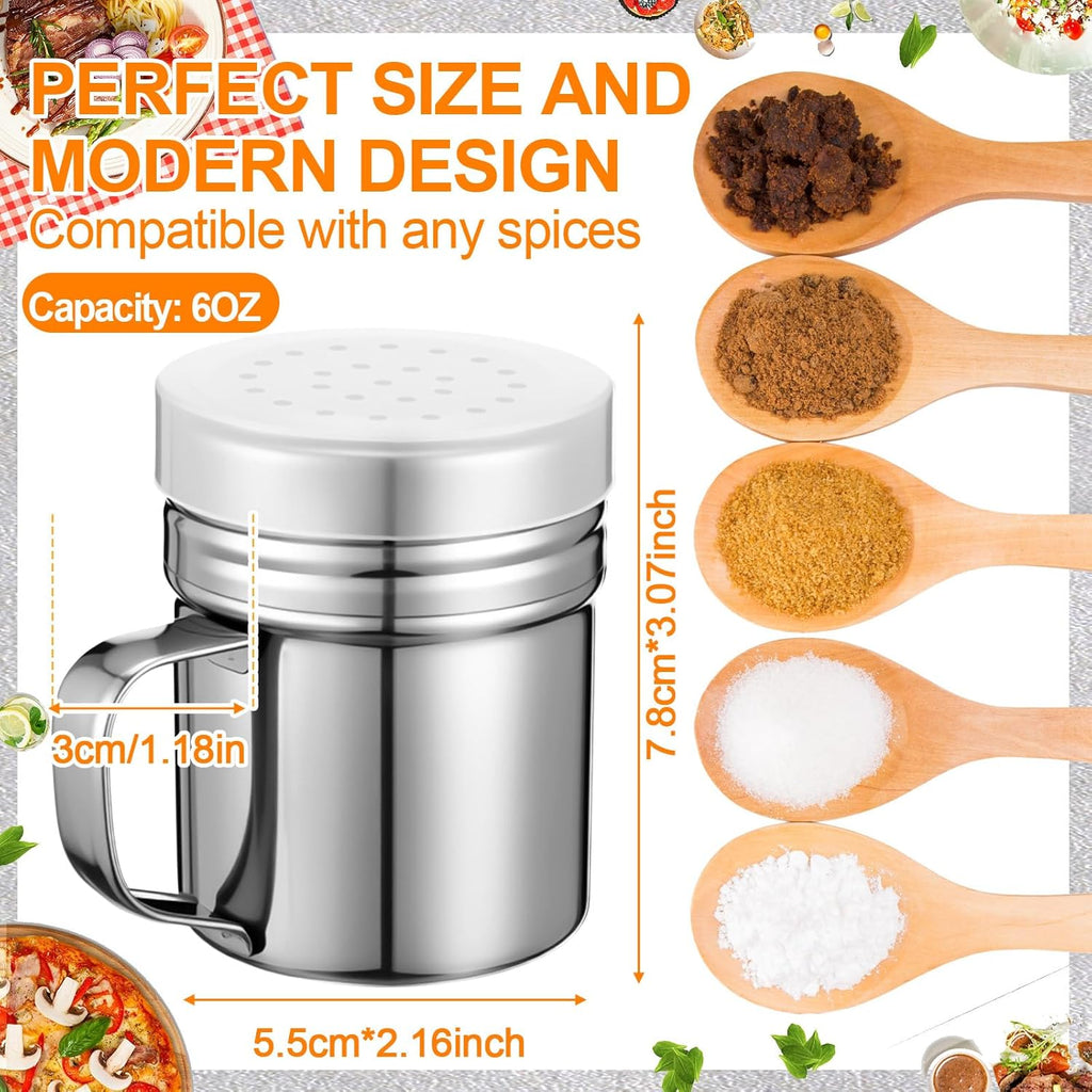 Lallisa 6 Pcs Stainless Steel Salt and Pepper Shakers with Lid and Handle Dredge Spice Seasoning Condiment Popcorn Salt Shaker Powder Sugar Flour for Cooking Kitchen Baking (6oz)