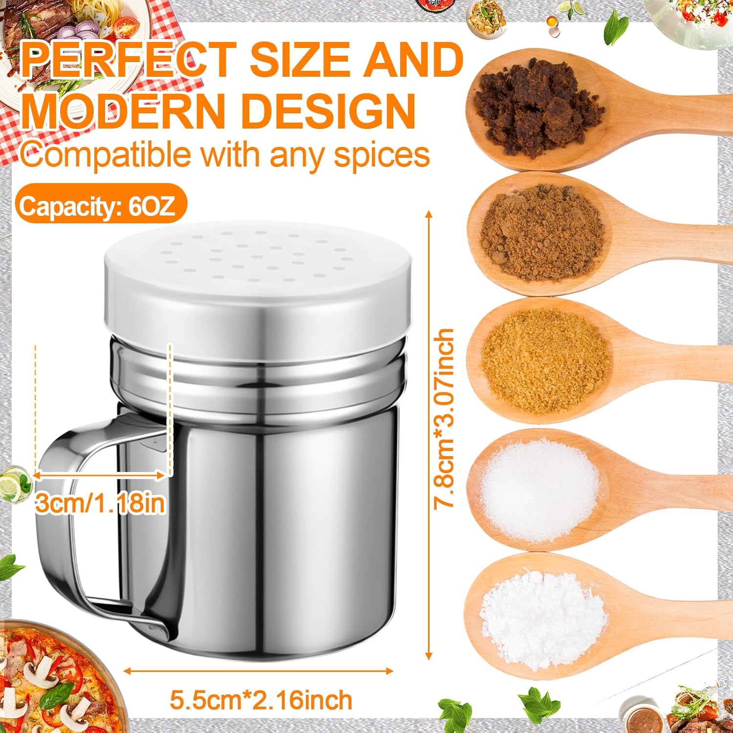 Lallisa 6 Pcs Stainless Steel Salt and Pepper Shakers with Lid and Handle Dredge Spice Seasoning Condiment Popcorn Salt Shaker Powder Sugar Flour for Cooking Kitchen Baking (6oz)