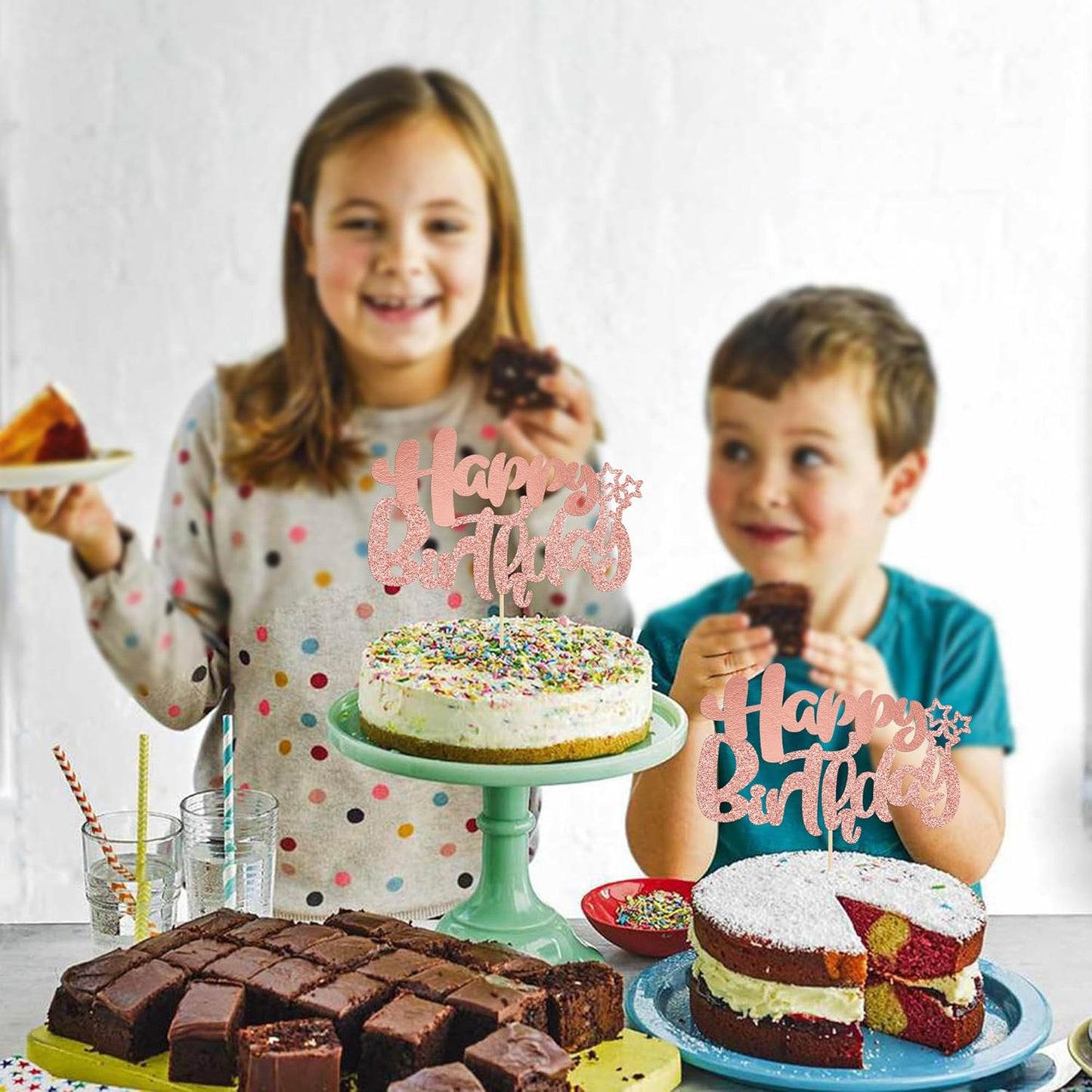 Ephlyn 1Pcs Happy Birthday Cake Topper Glitter Cake Pick for Celebrating Anniversary Theme Party Cake Decorations Supplies Rose Gold