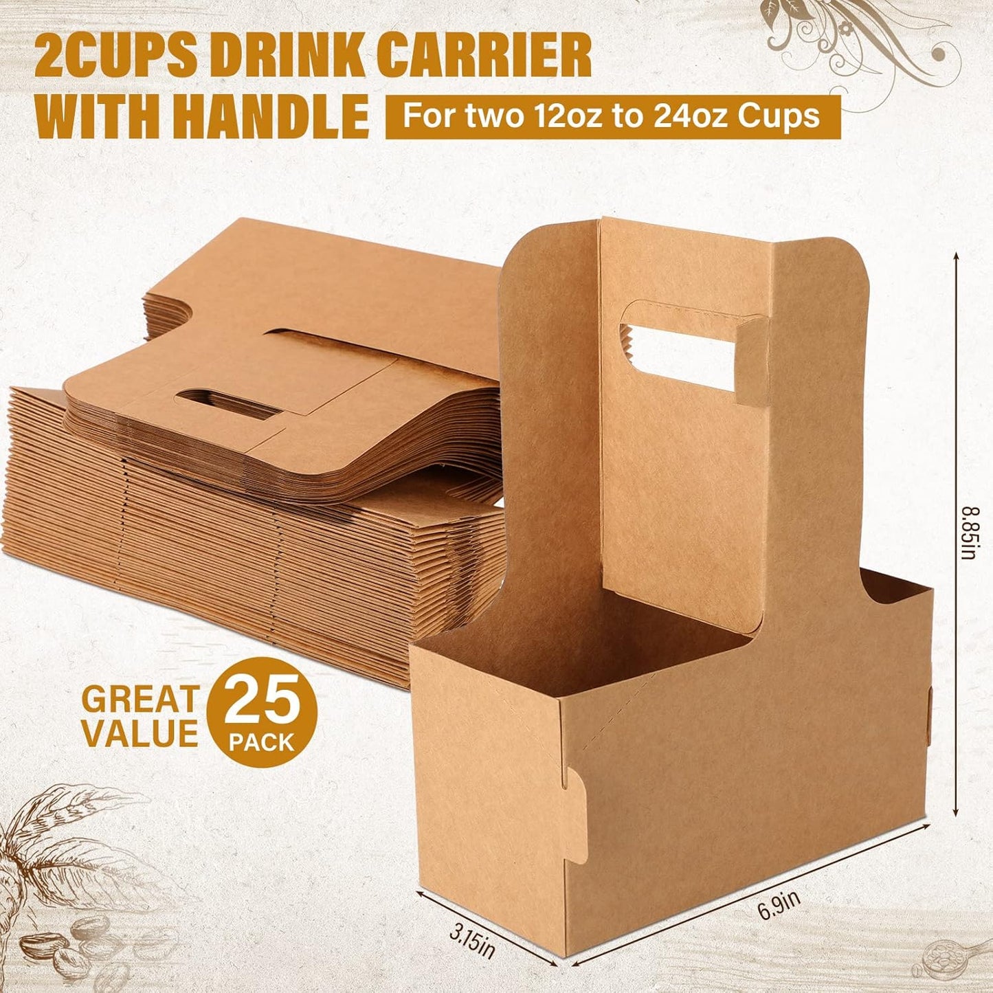 Nuogo 100 Pack 2 Cup Drink Carrier Handled Drink Carrier Holder Disposable Cup Holder Paper Cup with Handle Take Out to Go Coffee for Restaurants Food Delivery