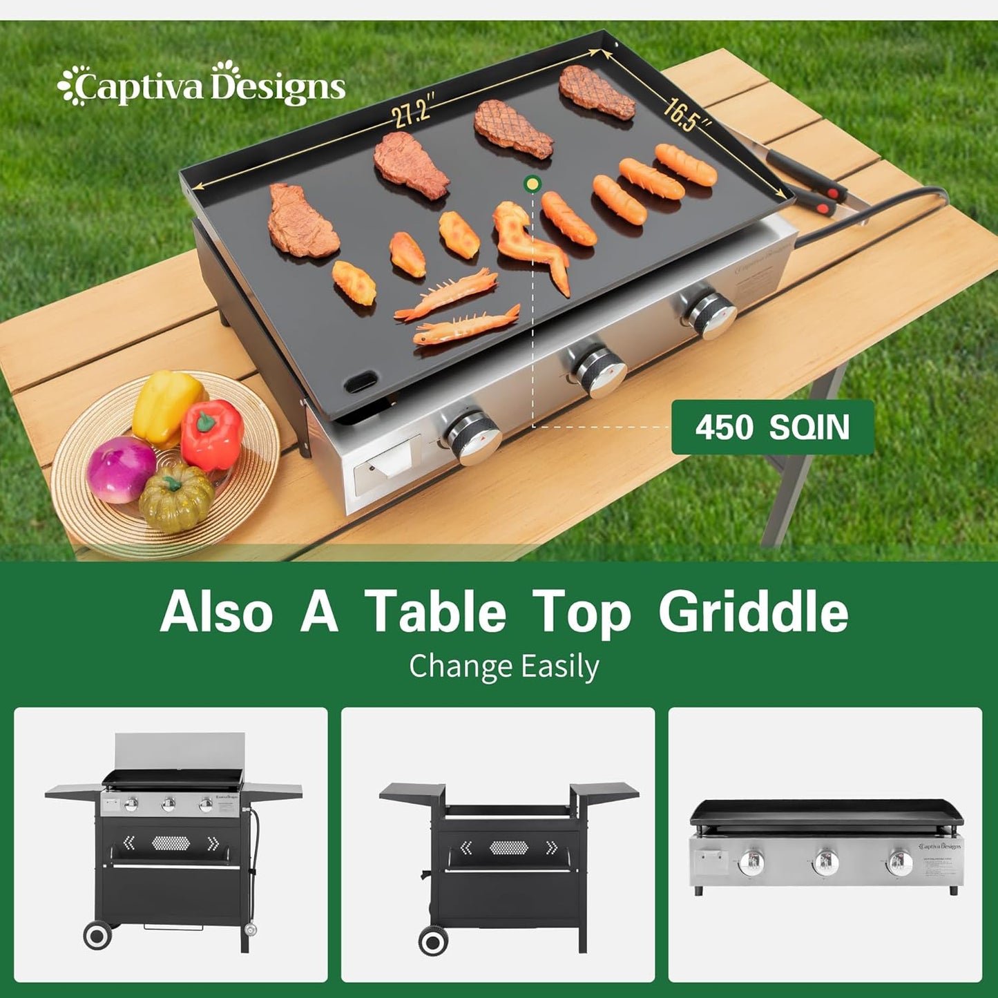 Captiva Designs 27 in Flat Top Griddle Grill with Ceramic Coated Cast Iron Pan, 3-Burner Propane Gas Griddle Grill, 33,000 BTU Output Flattop Grills for Outdoor Barbecue, Cooking and Party