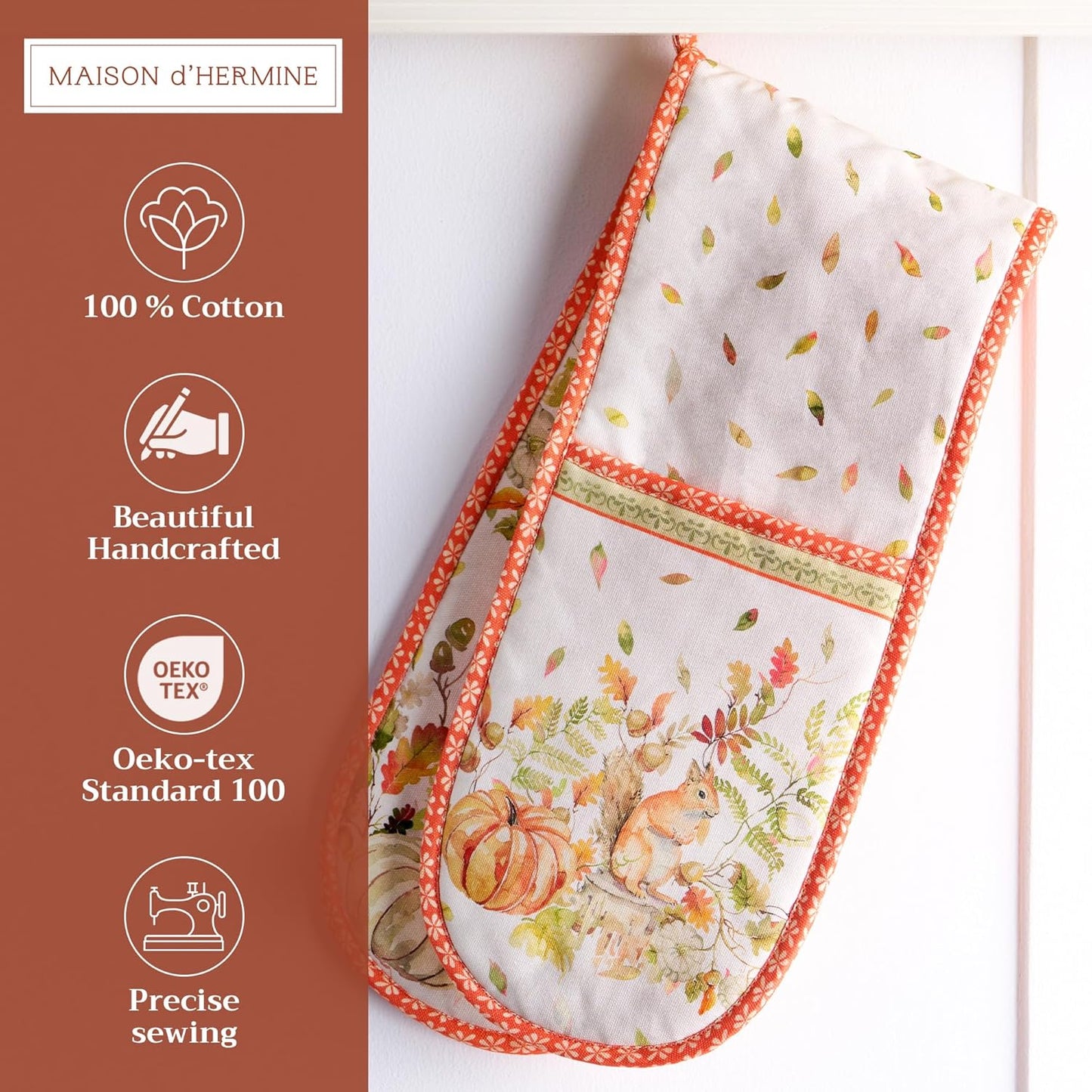 Maison d' Hermine Double Oven Mitts 100% Cotton 7"x35" Double Oven Mitt Heat Resistant BBQ Cooking Gloves with Loop, Baking, Grilling, Home, Kitchen, Handling Hot Pans (Pumpkin Passion)