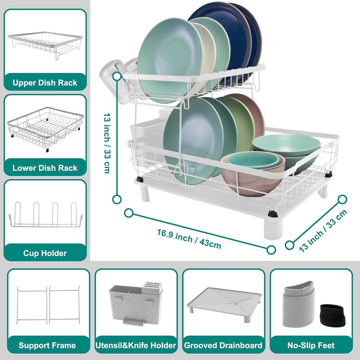 2-Tier Dish Drying Rack for Kitchen Counter,Space-Saving Dish Rack with Drainboard,Rustproof Countertop Dish Drainer with Utensil Holder for Sink,White