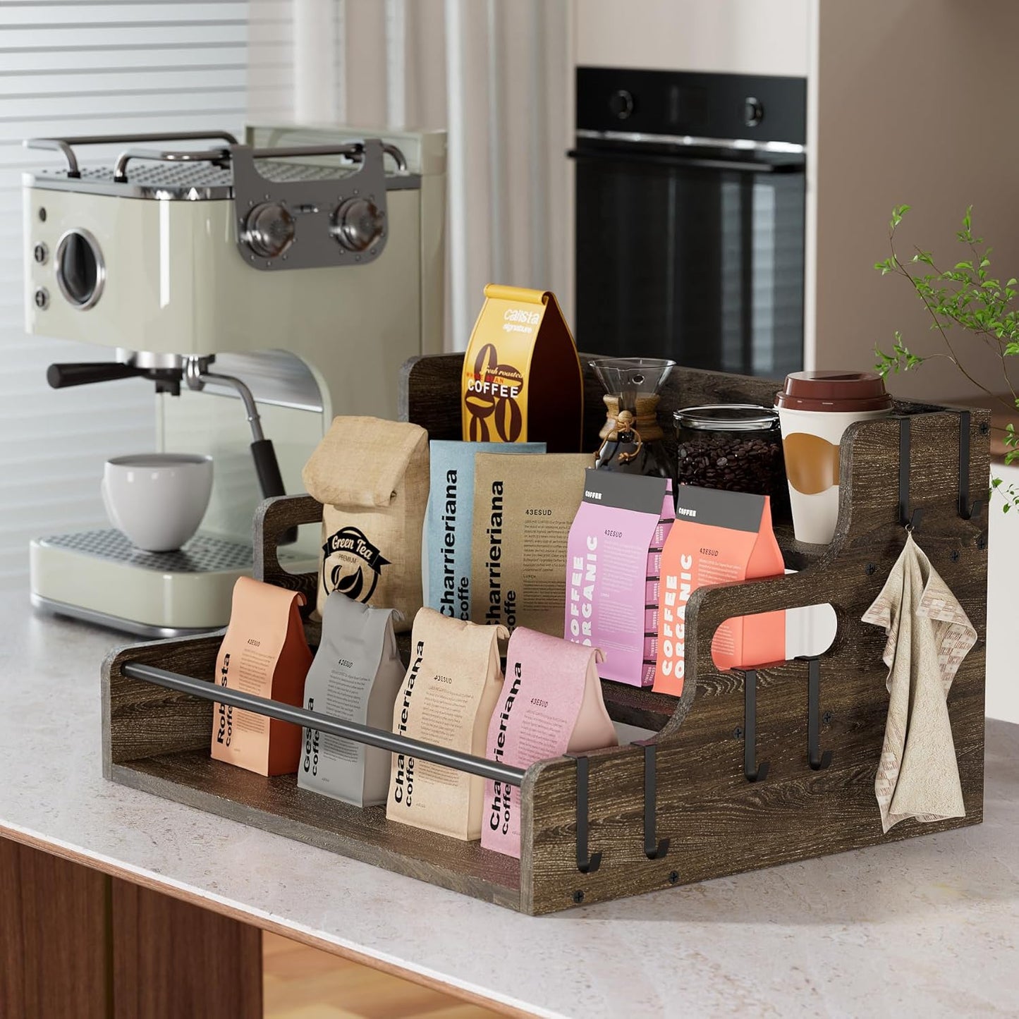 3-Tier Liquor Bottle Display Shelf, Bar Stand for Whiskey, Spirits, Coffee Syrup Rack Organizer, Countertop Wine Rack for Home, Mini Coffee Bar, Small Liquor Cabinet and Kitchen Dark Brown