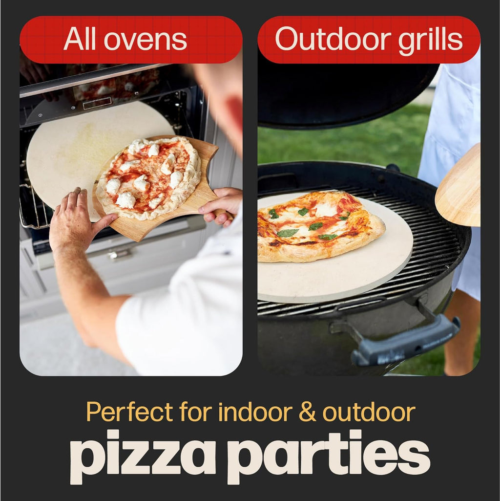 HANS GRILL PIZZA STONE | Circular Pizza Stone For Oven Baking & BBQ Grilling With Free Wooden Peel | Extra Large Round 15" Inches Diameter (38CM) Durable Cordierite Cooking Stone.
