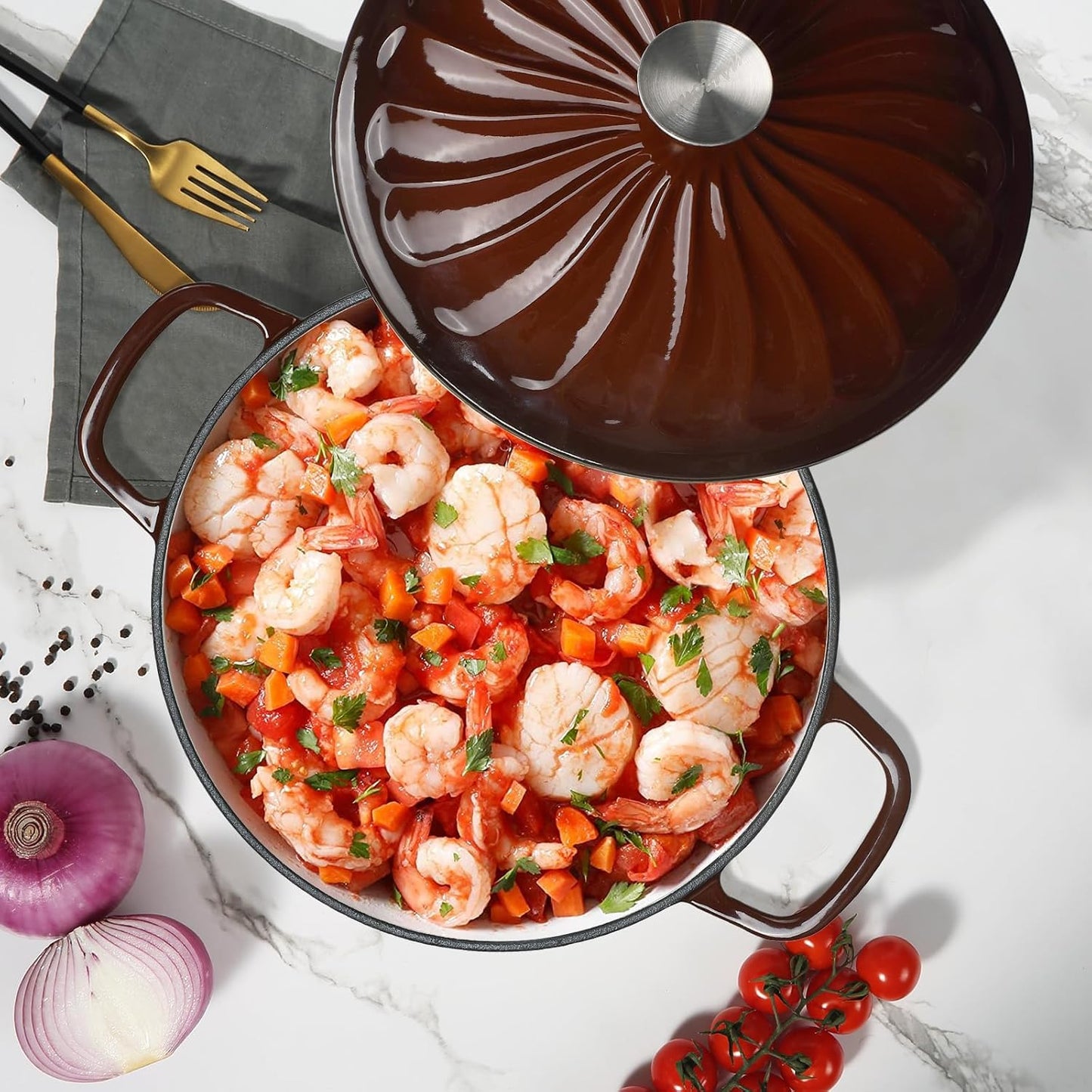 Enameled Cast Iron Braiser, 3.8 Quart Enamel Dutch Oven with Handles, Cast Iron Braiser Pan with Lid,Enameled Cookware (Brown)