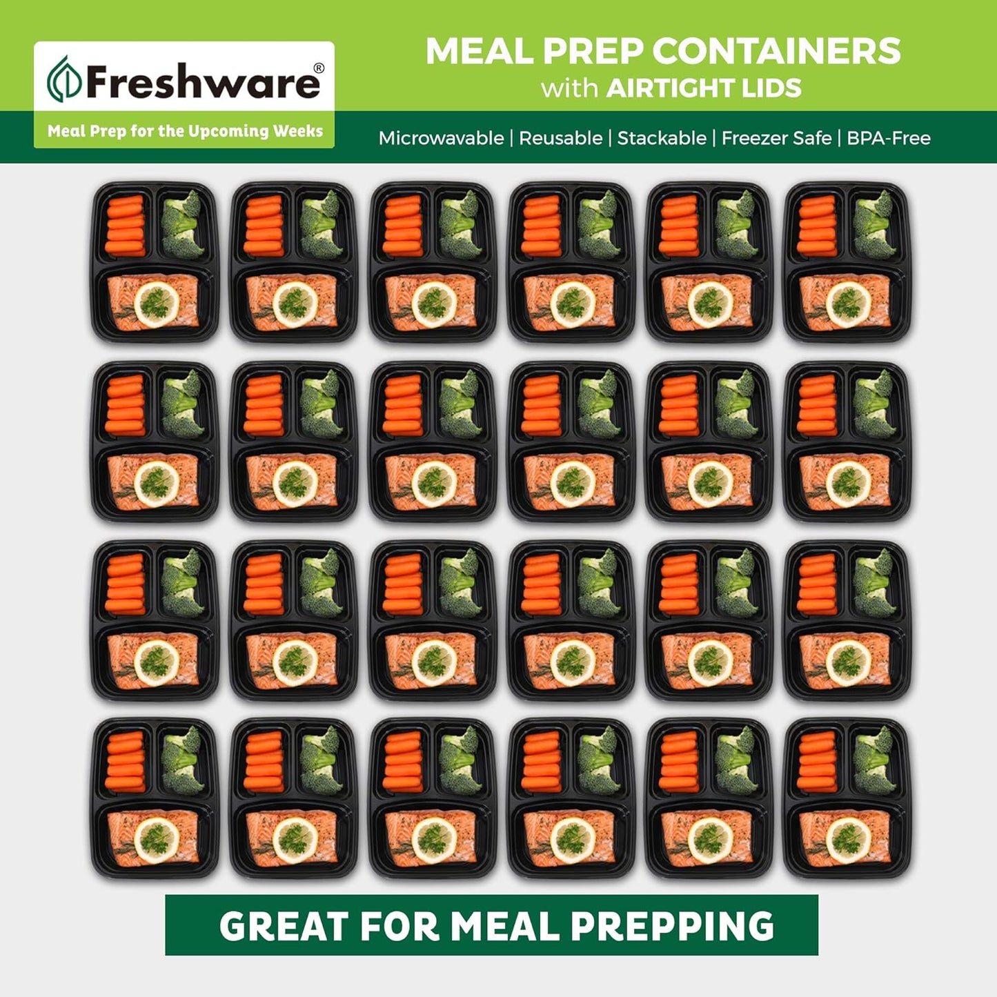 Freshware Meal Prep Containers 21 Count (Pack of 1), 3 Compartment with Lids, Food Storage Containers, Bento Box, Stackable, Microwave/Dishwasher/Freezer Safe (24 oz)