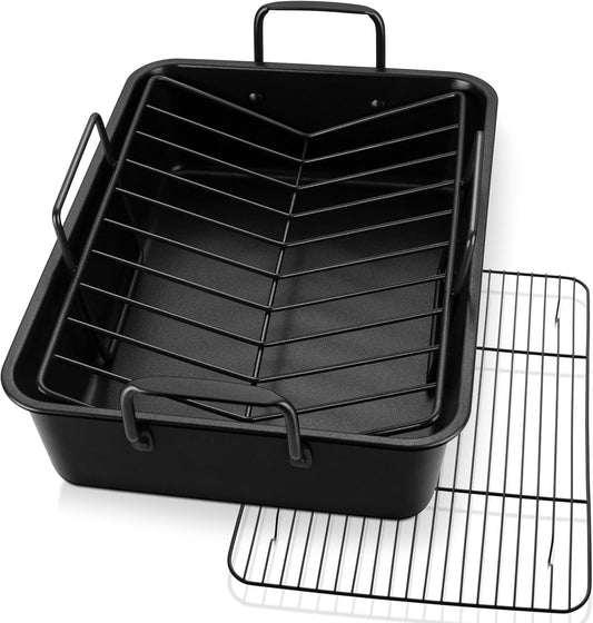 P&P CHEF 16" Roaster Roasting Pan with Baking Rack and V-shaped Rack, Stainless Steel Rectangular Lasagna Pan with Handles for Turkey Chicken, Healthy & Dishwasher Safe, 3 Pieces, Black