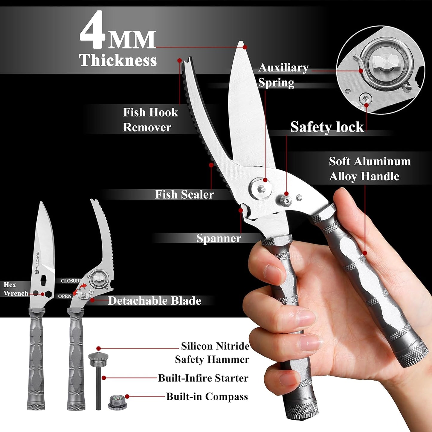 WILDMOK Heavy Duty Poultry Shears - 8.5 Inch Multi-function Stainless Steel Poultry Outdoor Shears, Ultra Sharp Kitchen Scissors for Outdoor Camp, Grey