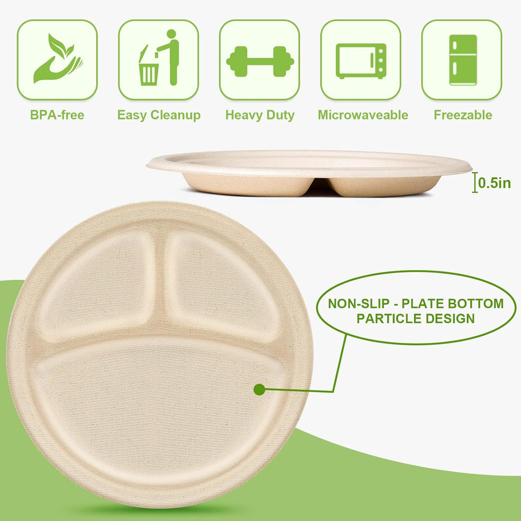 Compartment Plates - Disposable, 9 inch, 100 Pack, Biodegradable, Heavy Duty with Dividers
