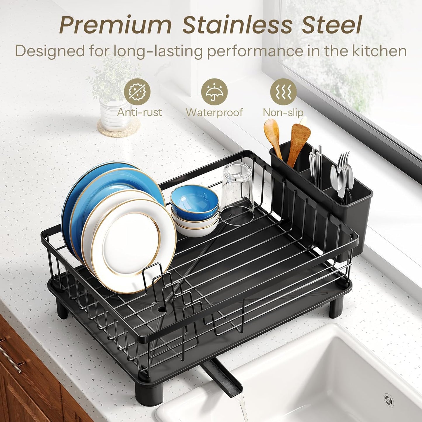 Dish Drying Rack - Small Dish Rack for Kitchen Counter, Stainless Steel Dish Drainer with Utensil Holder and Drainboard (Black)