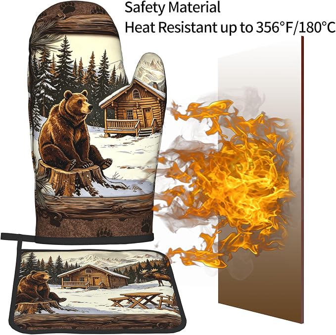 Vintage Oven Mitts and Pot Holders Sets Rustic Cabin Kitchen Gloves Bear Hot - Image 5