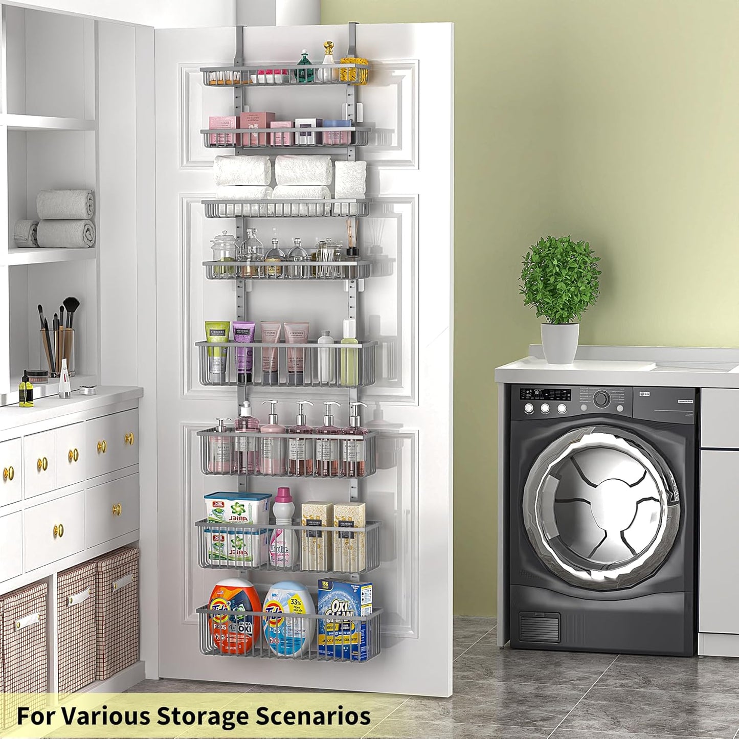 Moforoco Grey Over The Door Pantry Organizer, Pantry Door Organizer Shelves, Kitchen Organizers and Storage, Hanging Basket Wall Spice Rack Seasoning Shelves, Laundry Room Bathroom accessories