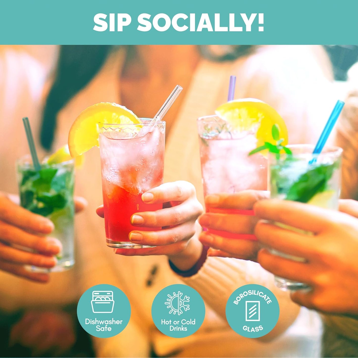 Simply Straws 6 Inch Skinny Glass Straws (6-Pack) - Reusable Cocktail Straws for Mixed Drinks, Low Balls, Coffee & Tea, with Cleaning Brush – Dishwasher Safe, Hot & Cold Use, BPA-Free (Iridium)