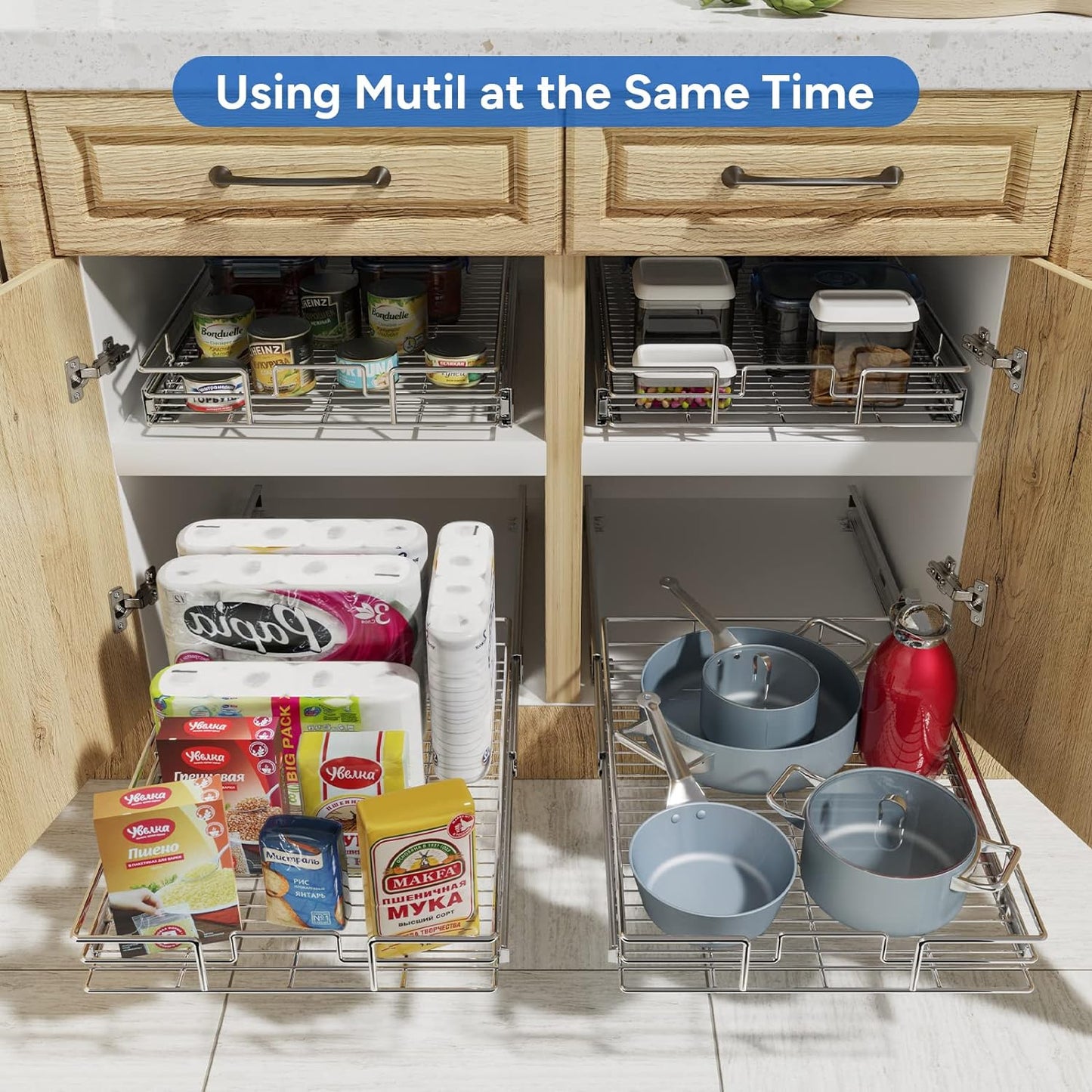 ROOMTEC Pull Out Cabinet Organizer, 1 Tier, Heavy Duty Slide Out Kitchen Cabinet Organizers, Smooth Drawer, Fits 12"+ Cabinets