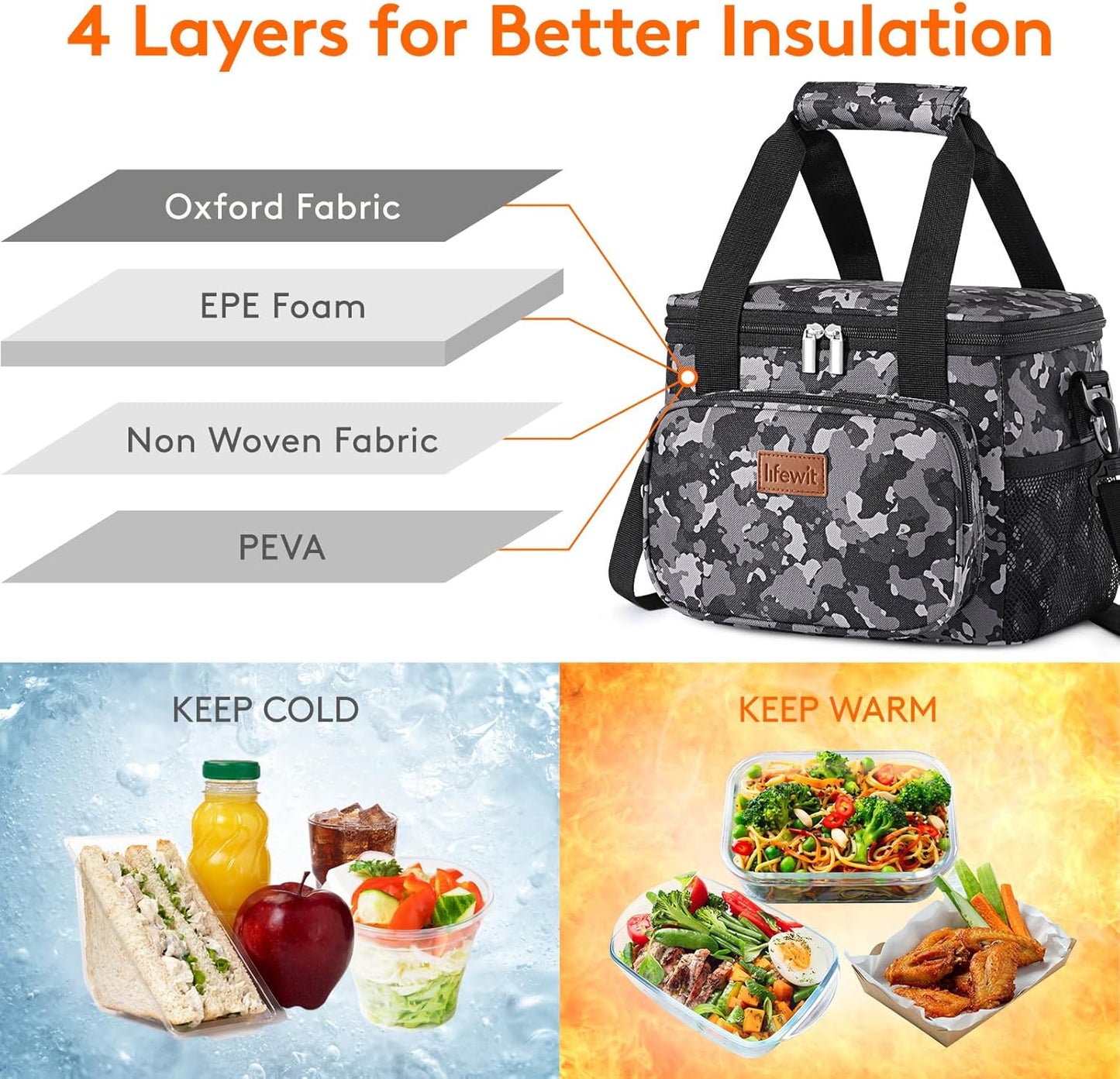 Lifewit Medium Lunch Bag Insulated Lunch Box Soft Cooler Cooling Tote for Adult Men Women, Black Camo 12-Can (9L)