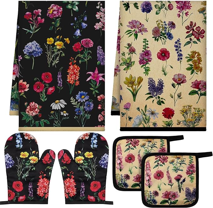 Bencailor 6 Pcs Vintage Wildflower Kitchen Towels Oven Mitts and Pot Holders by Bencailor