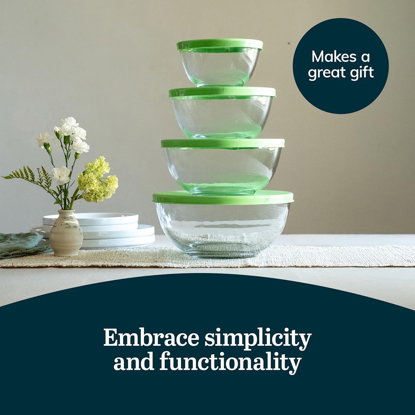 Libbey Baker's Basics 4 Piece Glass Mixing Bowl Set with Plastic Lids - Elegant Nesting Bowls - Glass Mixing Bowls with Lids to Store, Serve and More