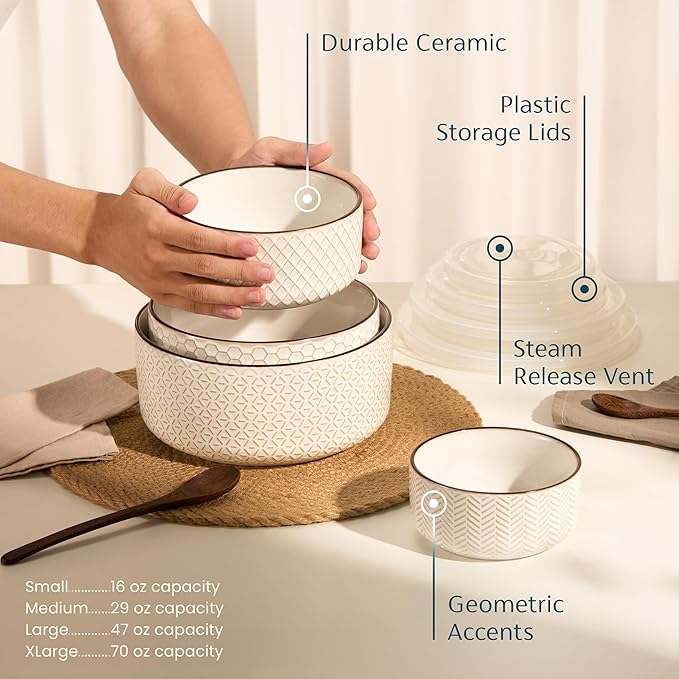 KooK Serving Bowls, with Lids, Ceramic Nesting Bowls, Microwave and Dishwasher - Image 3