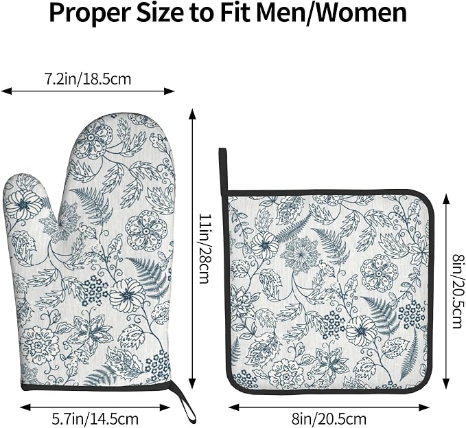 Blue Floral Oven Mitts Set – Vintage Pot Holders Kitchen Gloves - Image 3