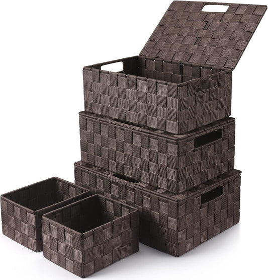 Storage Bins Baskets for Organizing with Lids, Storage Baskets for Shelves Stackable Woven Basket, Gift Small Basket Storage Cubes, Decorative Wicker Basket with Built-in Handles (5 Pack, Brown)