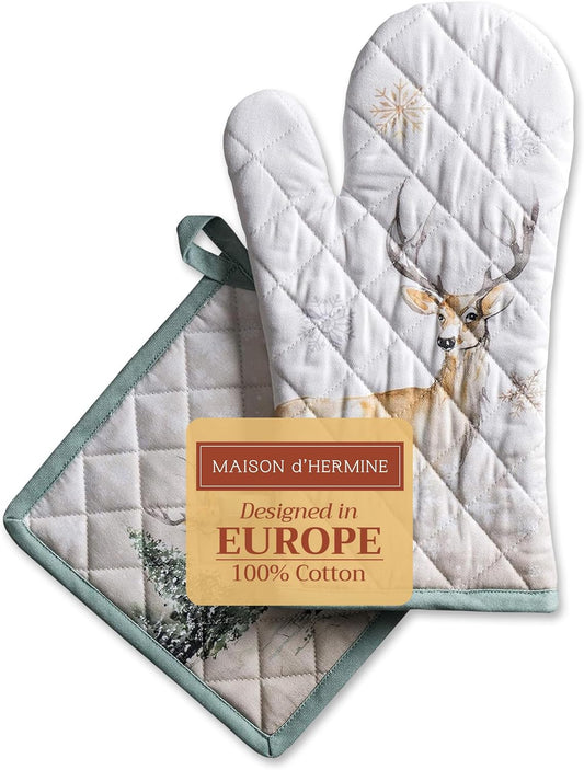 Maison d' Hermine 100% Cotton Oven Mitt & Pot Holder Set (7.5"x13" & 8"x8") Heat Resistant BBQ Cooking Gloves with Loop, Baking, Grilling, Kitchen, Handling Hot Pans (Deer in The Woods)