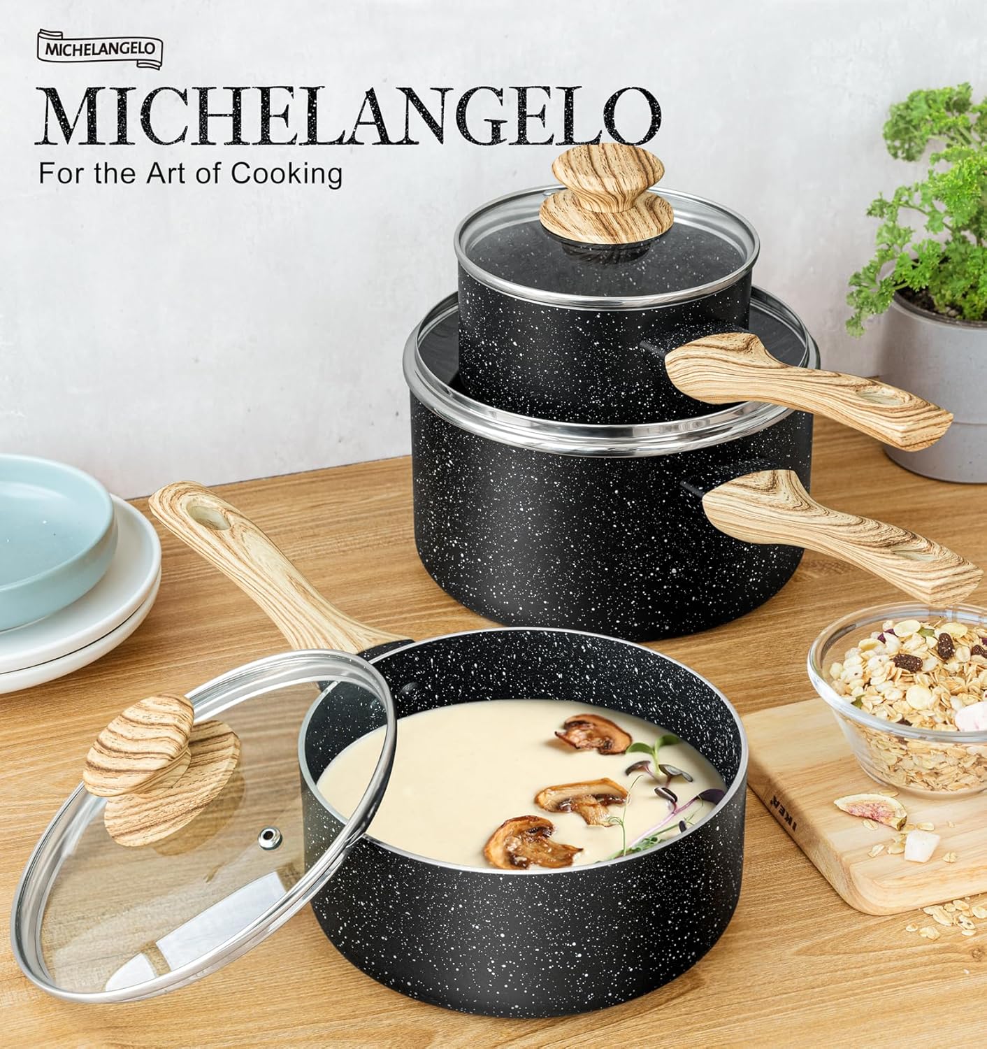 MICHELANGELO 3 Quart Saucepan with Lid, Nonstick Sauce Pan with Lid, Small Sauce Pot, Granite Coating Sauce Pan 3 Quart, Non Stick Stone Pot with Ergonomic Bakelite Handle