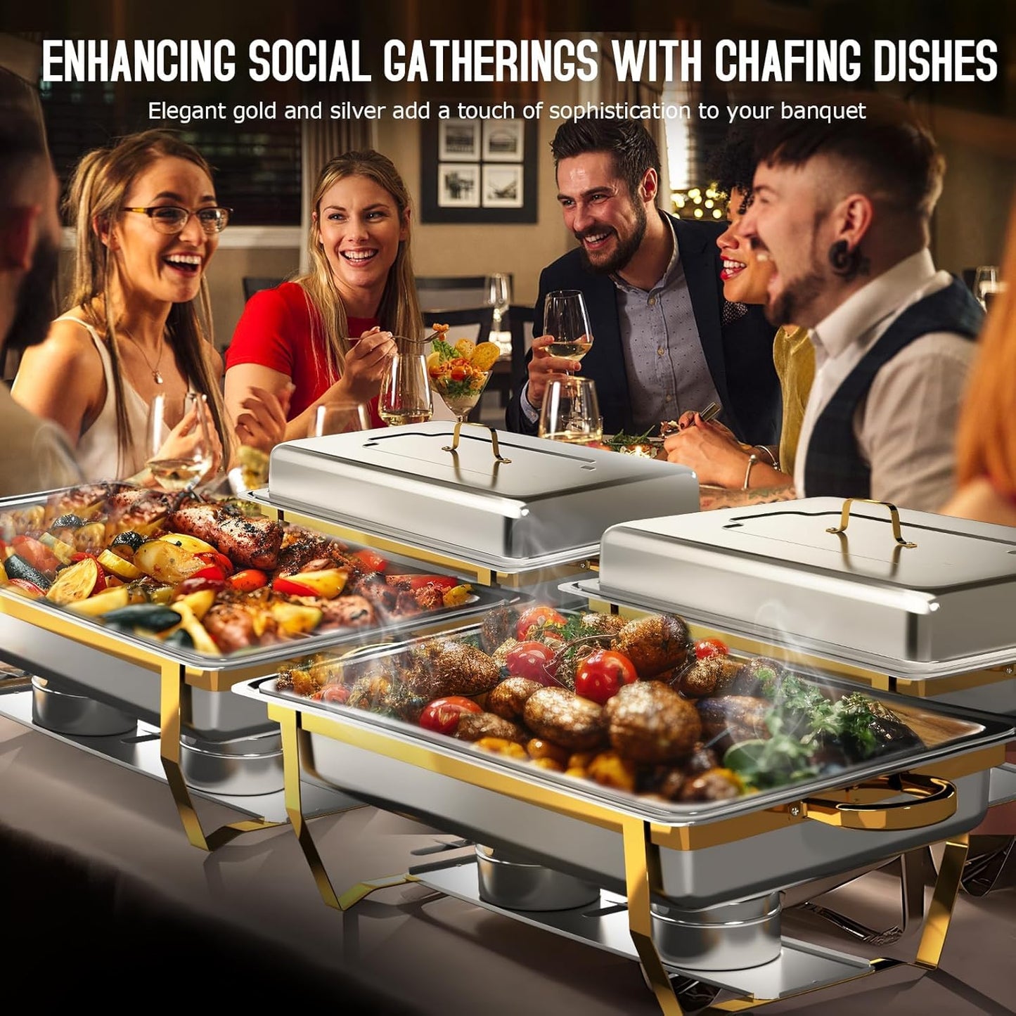 Chafing Dishes for Buffet 4 Pack, [Elegant Gold and Silver] Stainless Steel Chafing Dish Buffet Set, 9QT No-Finger Cut Roll Edge Chafers and Buffet Warmers Sets for Party (Gold 1/2 Panx2+Full Panx2)