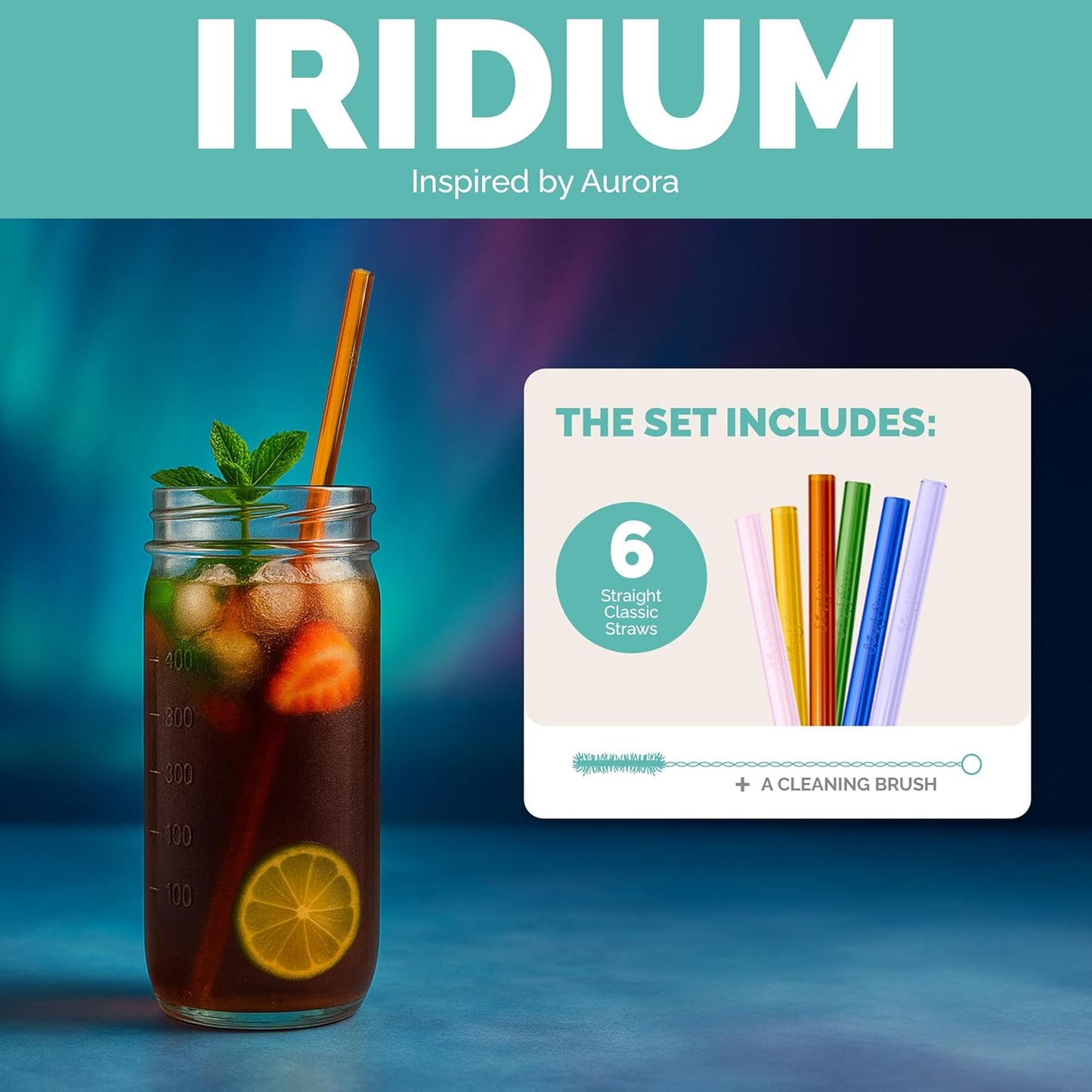 Simply Straws 10 Inch Glass Straws Straight (6-Pack) – Reusable Glass Straws for 24 Oz Mason Jars & Tumblers, with Cleaning Brush – Durable, Dishwasher Safe, Hot & Cold Use, BPA-Free (Iridium)