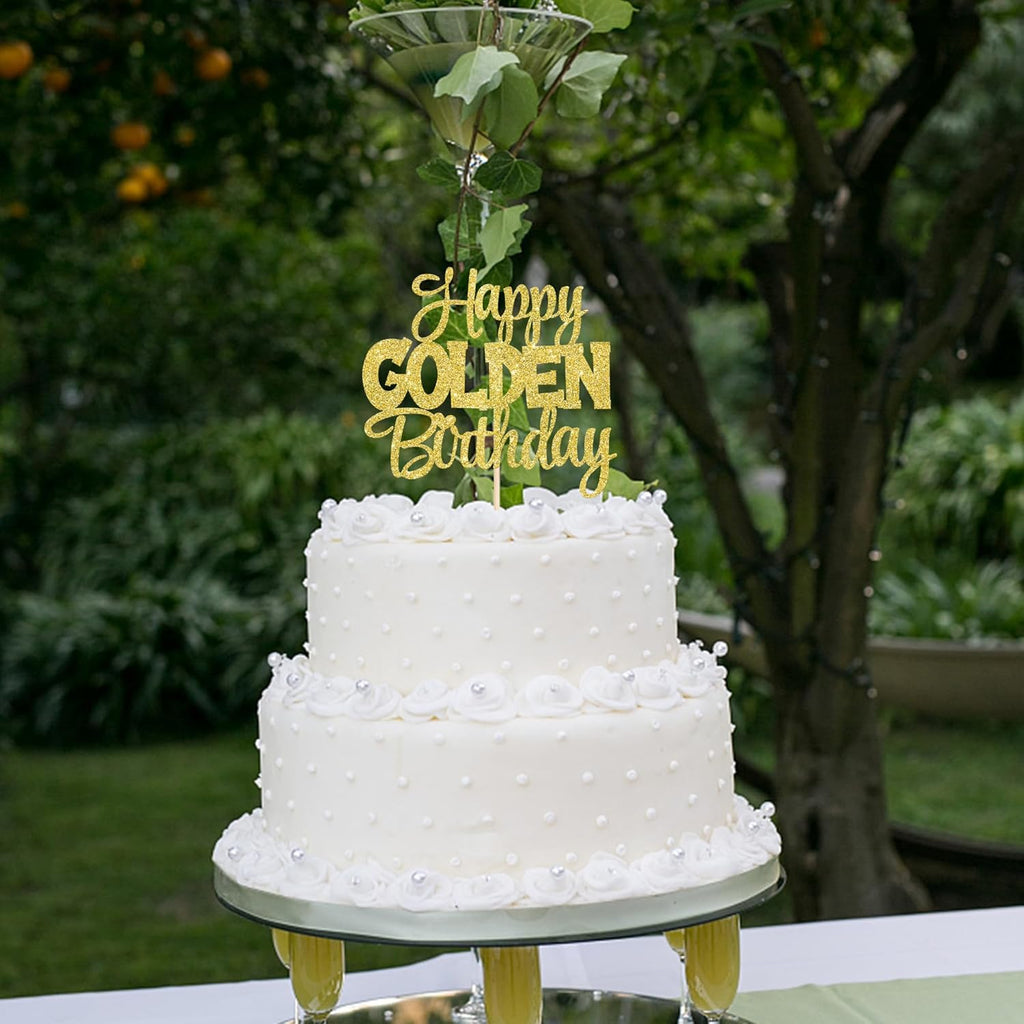 1 PCS Happy Golden Birthday Cake Topper Gold Glitter Birthday Cake Pick 1/13/16/18/21/30/40/60/70/80/90th Cake Decorations for Celebrating 50th Anniversary Theme Party Supplies