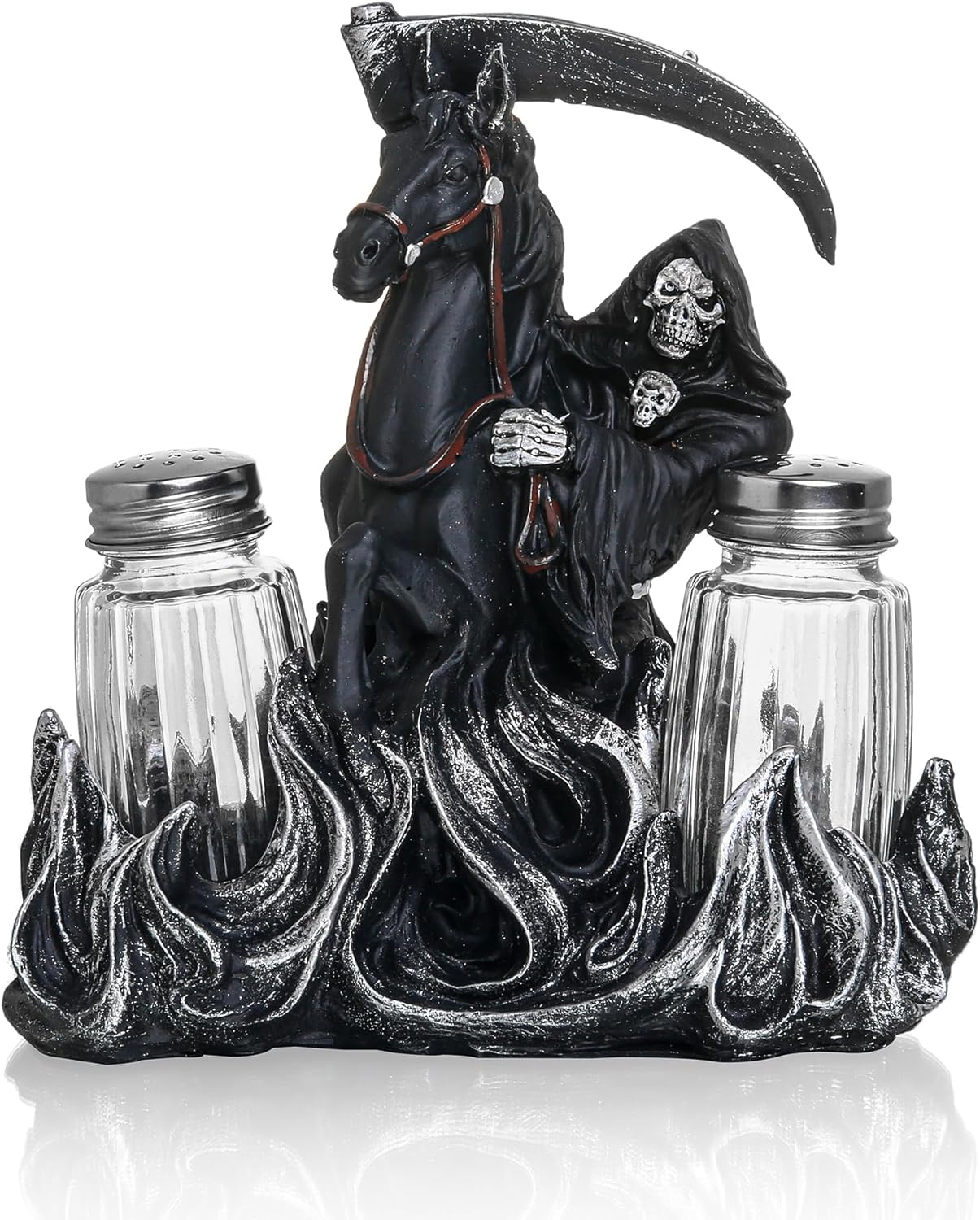Black Holy Death Statue Shaker Holder - Salt And Pepper Dispenser with Resin Grim Reaper Figurines And Collectibles Holder - Farmhouse Kitchen DéCor with Glass Spice Jars