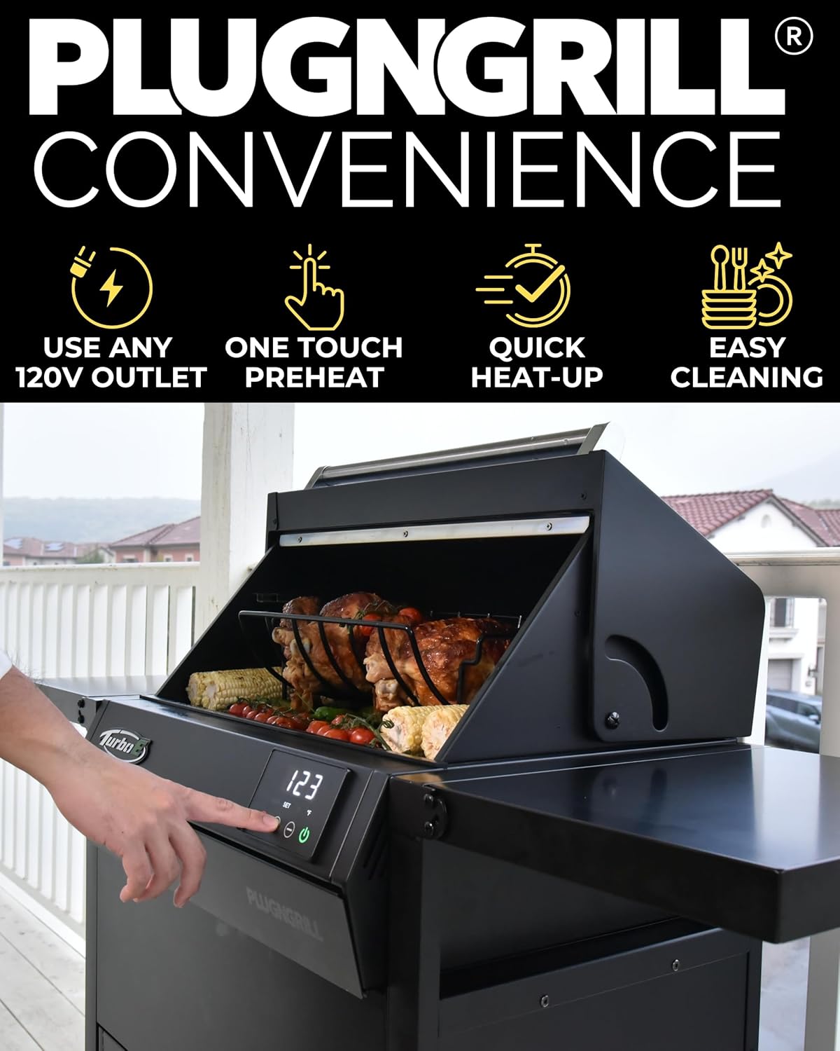 Turbo E Outdoor Electric Grill by PLUGNGRILL - High-Power 1700W Infrared Grill Technology - 24-Inch Smart BBQ Grill with Probe & Digital Display for Precise Cooking & Searing (Turbo E)