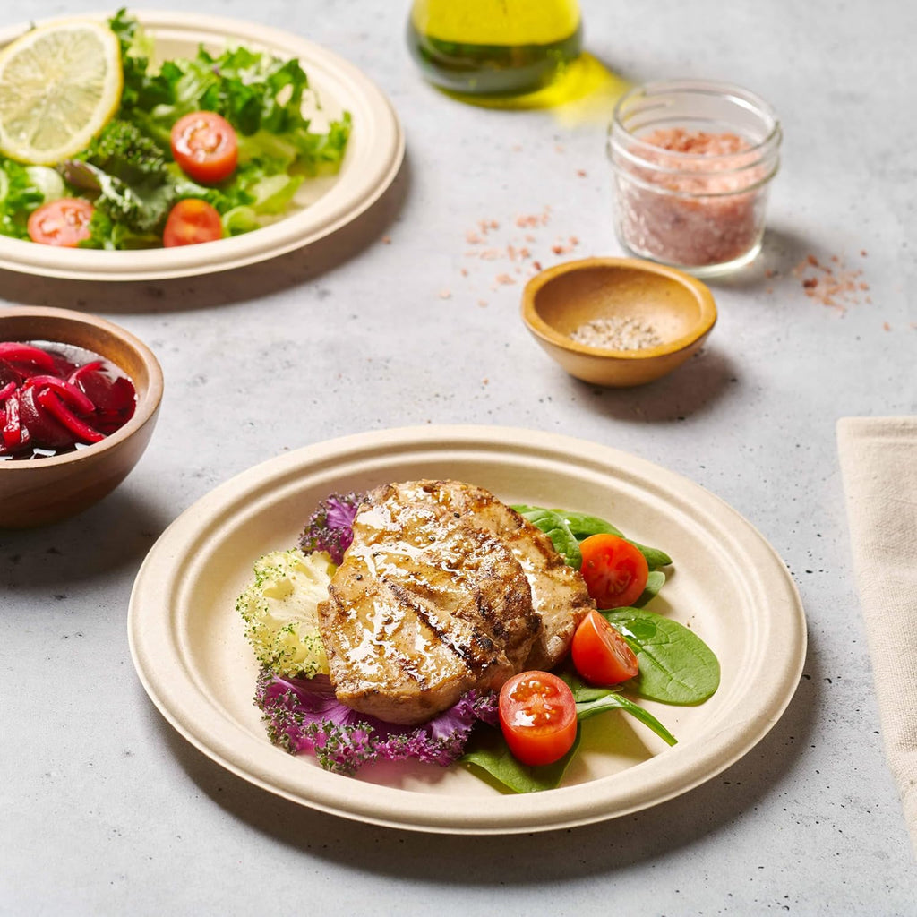 100% Compostable Paper Plates 150 Pack, 10 Inch Heavy Duty Biodegradable Microwavable Disposable Brown Dinner Plates, Made of Eco-Friendly, Natural Unbleached Sugarcane Bagasse