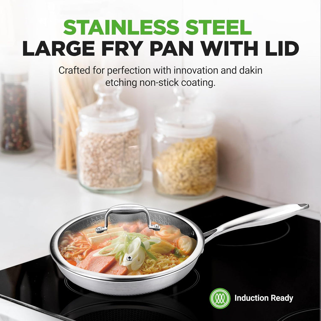 NutriChef 12" Stainless Steel Frying Pan - Triply Hybrid Skillet w/DAKIN Etching Non-Stick Coating, Scratch-resistant Raised-up Honeycomb Fire Textured Pattern, NC3PL12