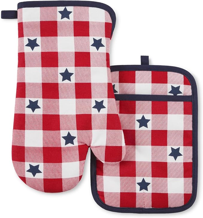 MARTHA STEWART Americana Star Gihgham Oven Mitt & Pot Holder Set, 100% Cotton by MarthaStewart