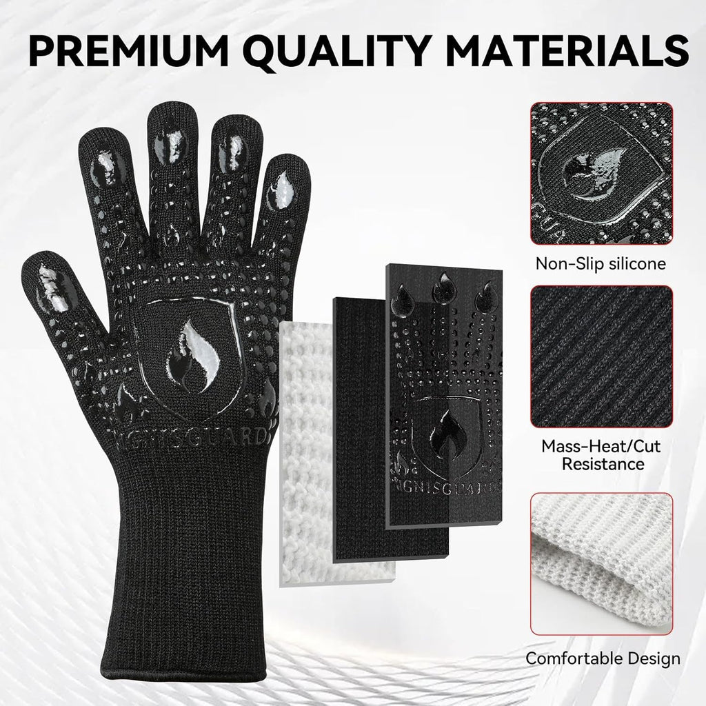 BBQ & Grill Gloves, Oven Gloves, 1472°F Silicone Oven Mitts Heat Resistant Grilling Gloves Fireproof Non-Slip for Barbecue Cooking Baking Smoking, 1-Pair Black（L）