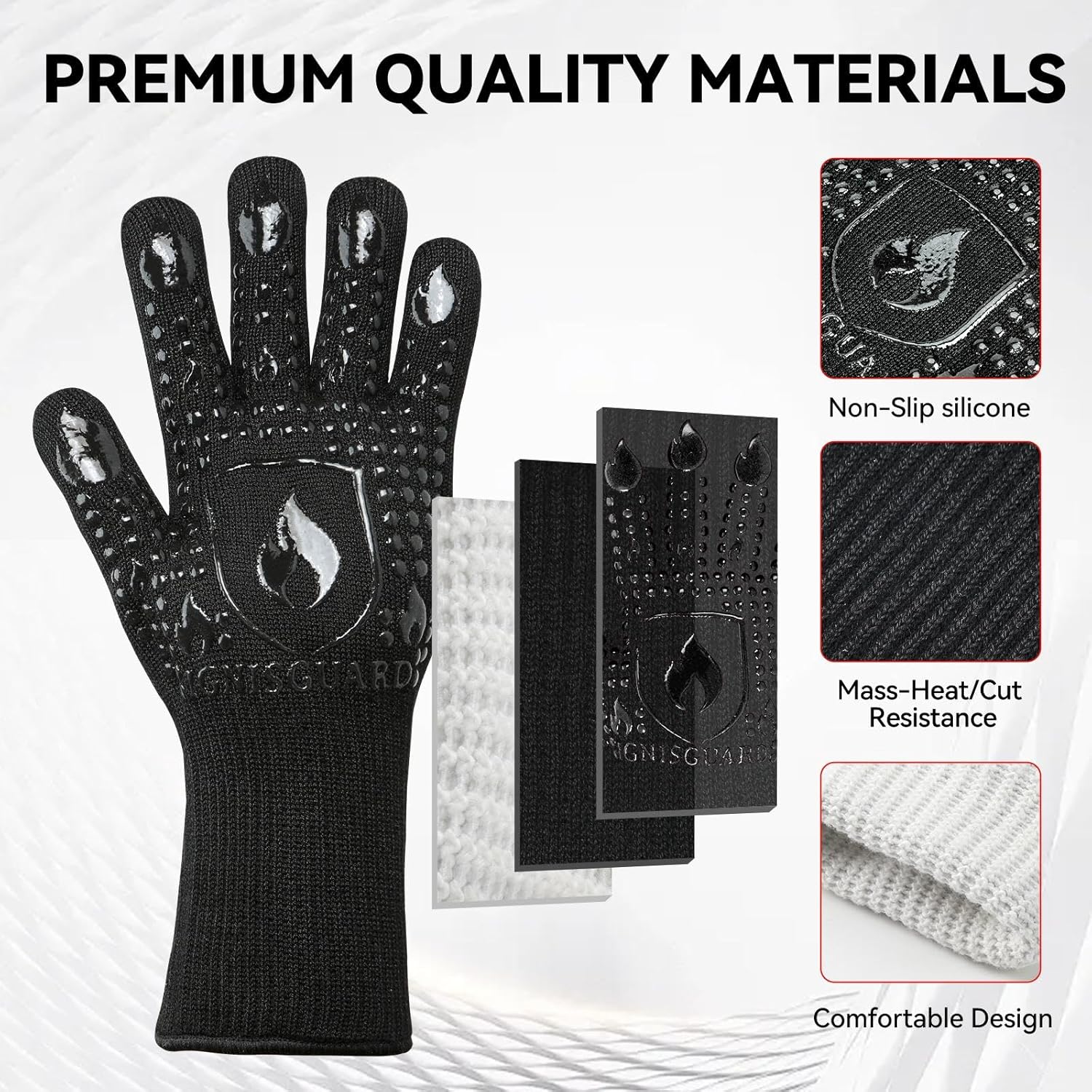 BBQ & Grill Gloves, Oven Gloves, 1472°F Silicone Oven Mitts Heat Resistant Grilling Gloves Fireproof Non-Slip for Barbecue Cooking Baking Smoking, 1-Pair Black（L）