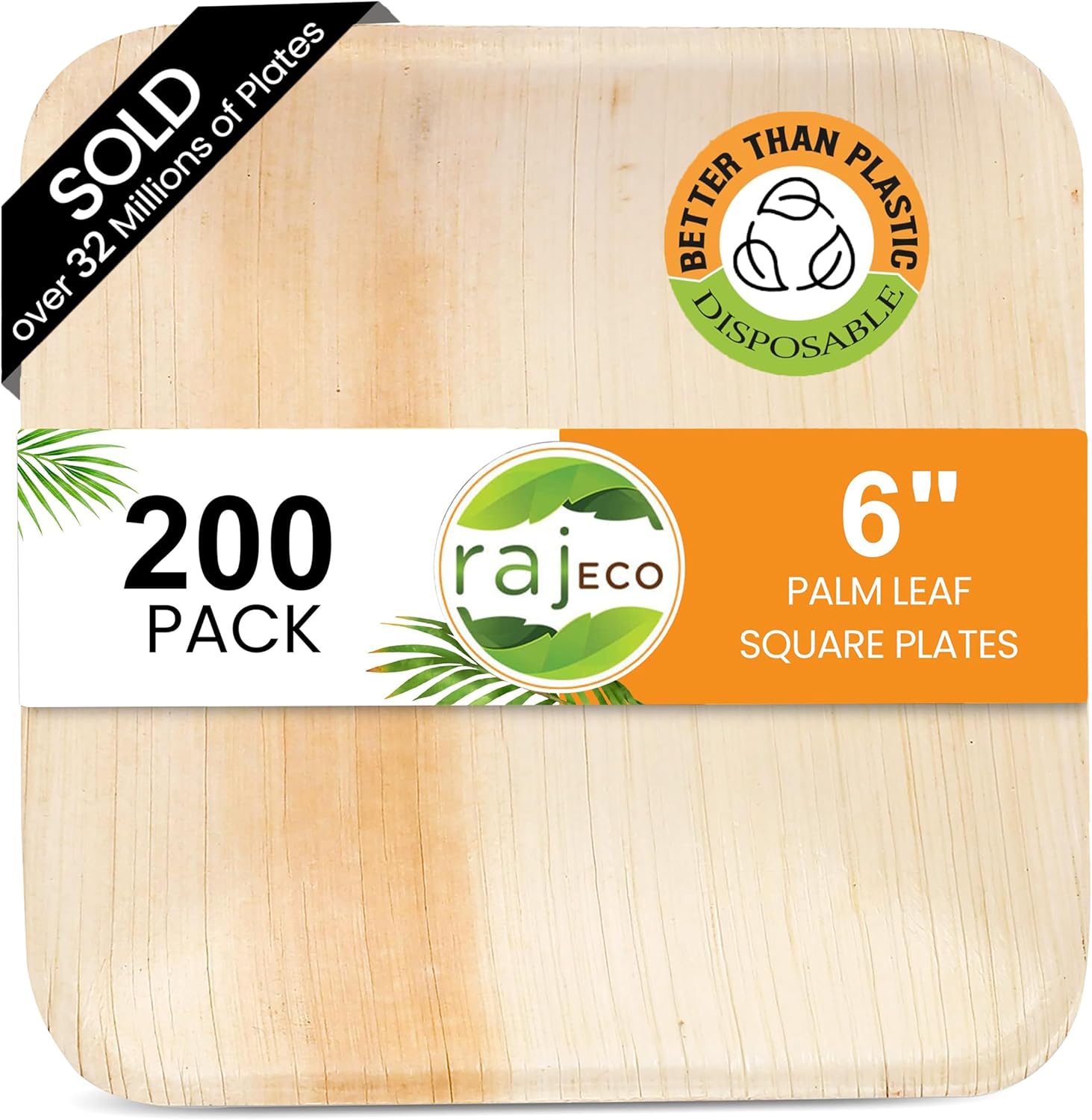 Raj Palm Leaf Plates [200-Pack] 6" Square Plates like Bamboo plates Disposable, Strong, Decorative Compostable Tableware for wedding, Lunch, Dinner, Birthday, Camping, Outdoor BBQ, Picnic
