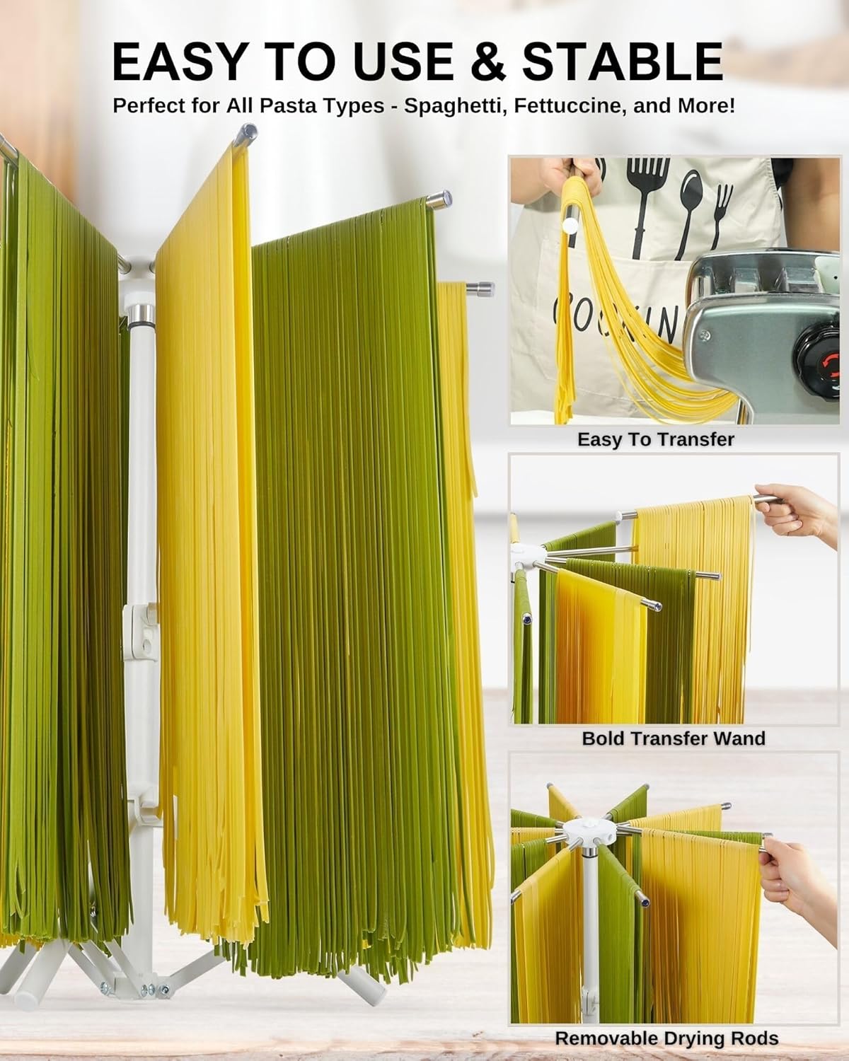 Pasta Drying Rack Collapsible, 360° Rotating, Adjustable Height(14.5"-23.6"), 304 Stainless Steels Arm, Large Noodle Dryer Foldable with Ravioli Wheel for Homemade Fresh Pasta Spaghetti