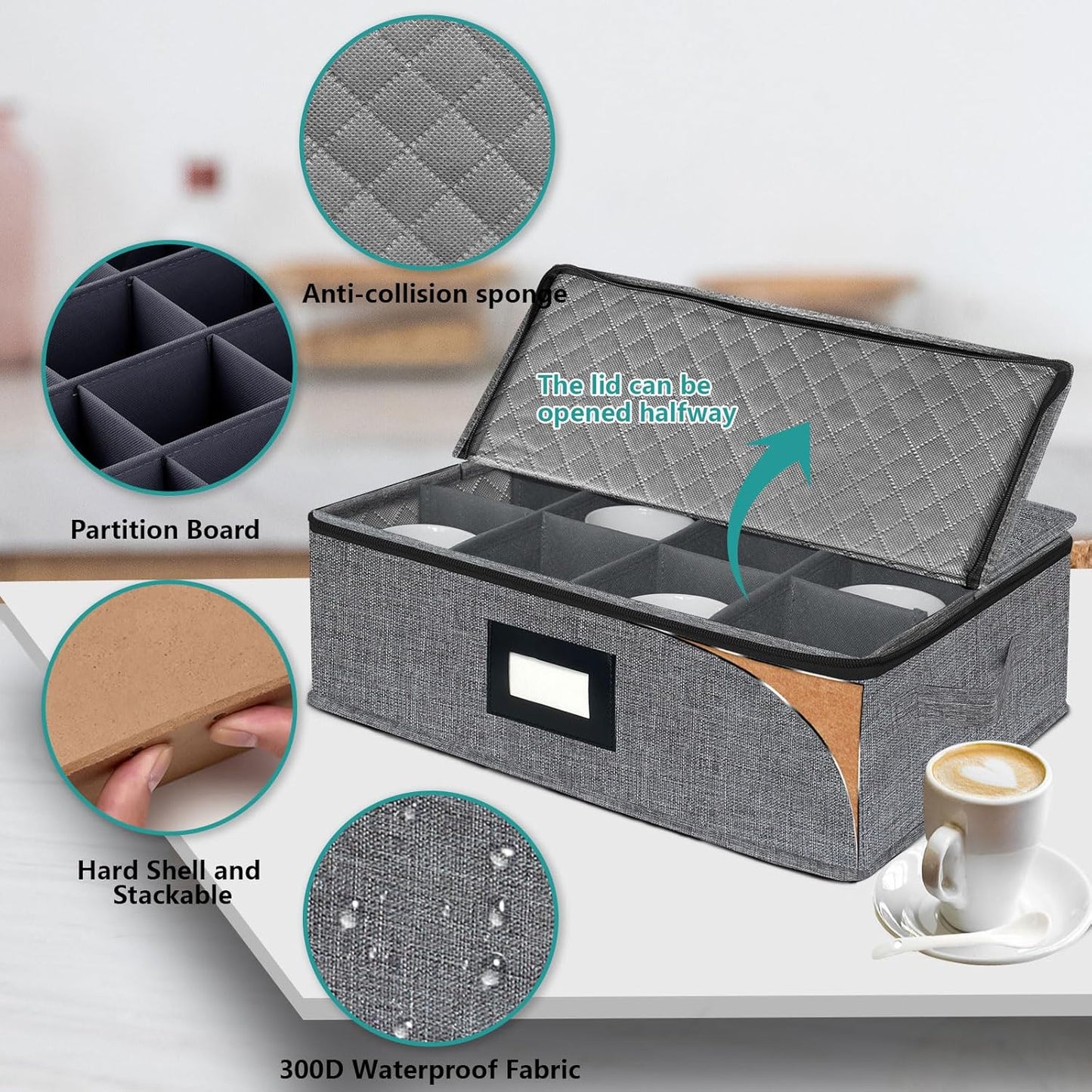 VERONLY Mug and Cup Storage Box with Dividers, Coffee Mug Storage Case China Storage Containers Hard Shell with Lid and Handles, Stackable for 12 Coffee Mugs, Tea Cups, Moving & Packing (Dark Grey)